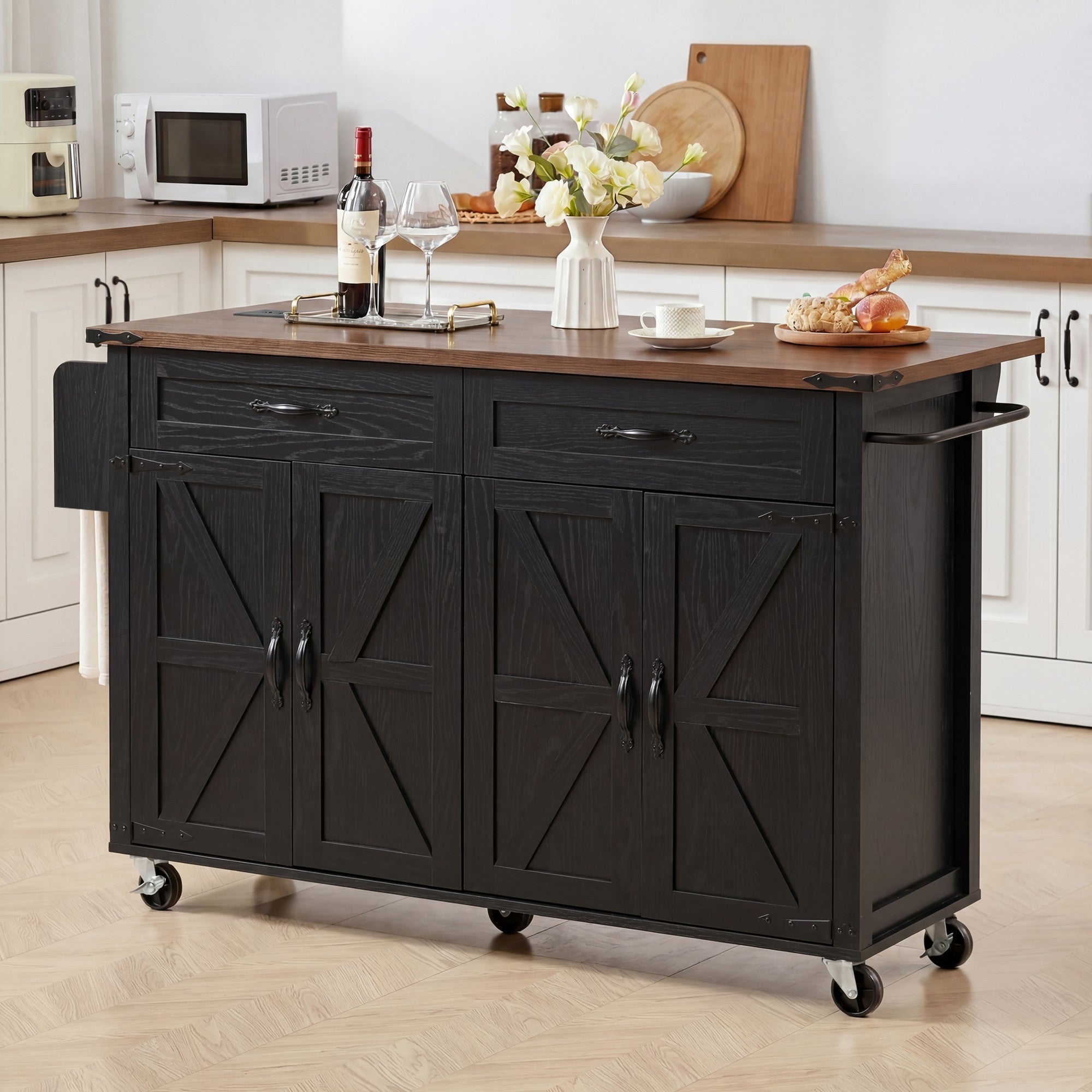 K&K 53.5''Farmhouse Kitchen Island with Power Outlet, Kitchen Storage Island with Drop Leaf, Spice Rack and Drawer, Rolling Kitchen Cart on Wheels, for Home, Kitchen and Dining Room, Black