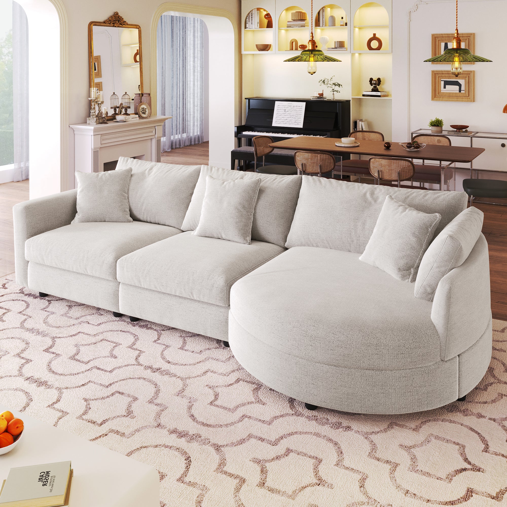 U_Style 107' Chenille Fabric 3-Piece Sectional Sofa with Curved Chaise and 3 Throw Pillows – Perfect for Living Rooms, Offices, and Apartments(old sku:WY000461AAA)