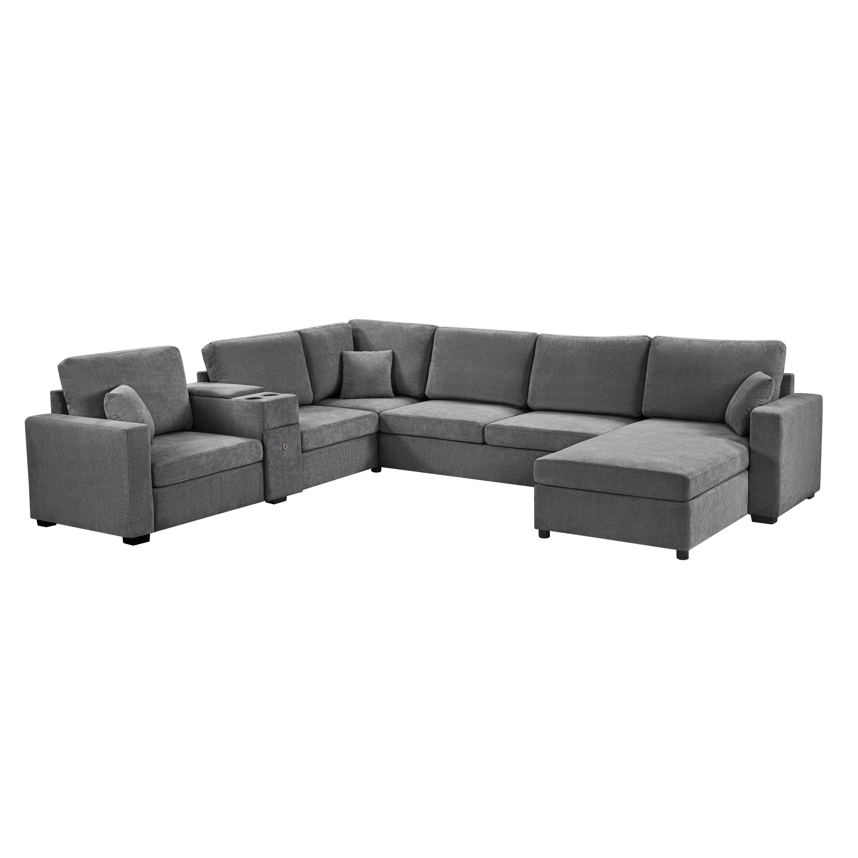 Modular 5-Seat U-Shape Sectional Sofa with Chaise Lounge, Grey Chenille Fabric, Deep Seat Comfort, Built-In Cup Holders and Storage Drawer, 134' Long for Living Room