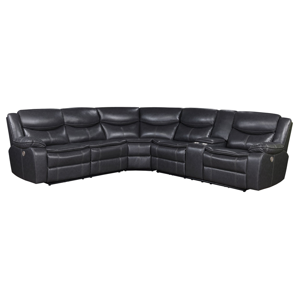 Salerno Grey Upholstered Power Reclining Sectional Sofa with Built-in Console in Dark Grey Leatherette, 113-Inch Long
