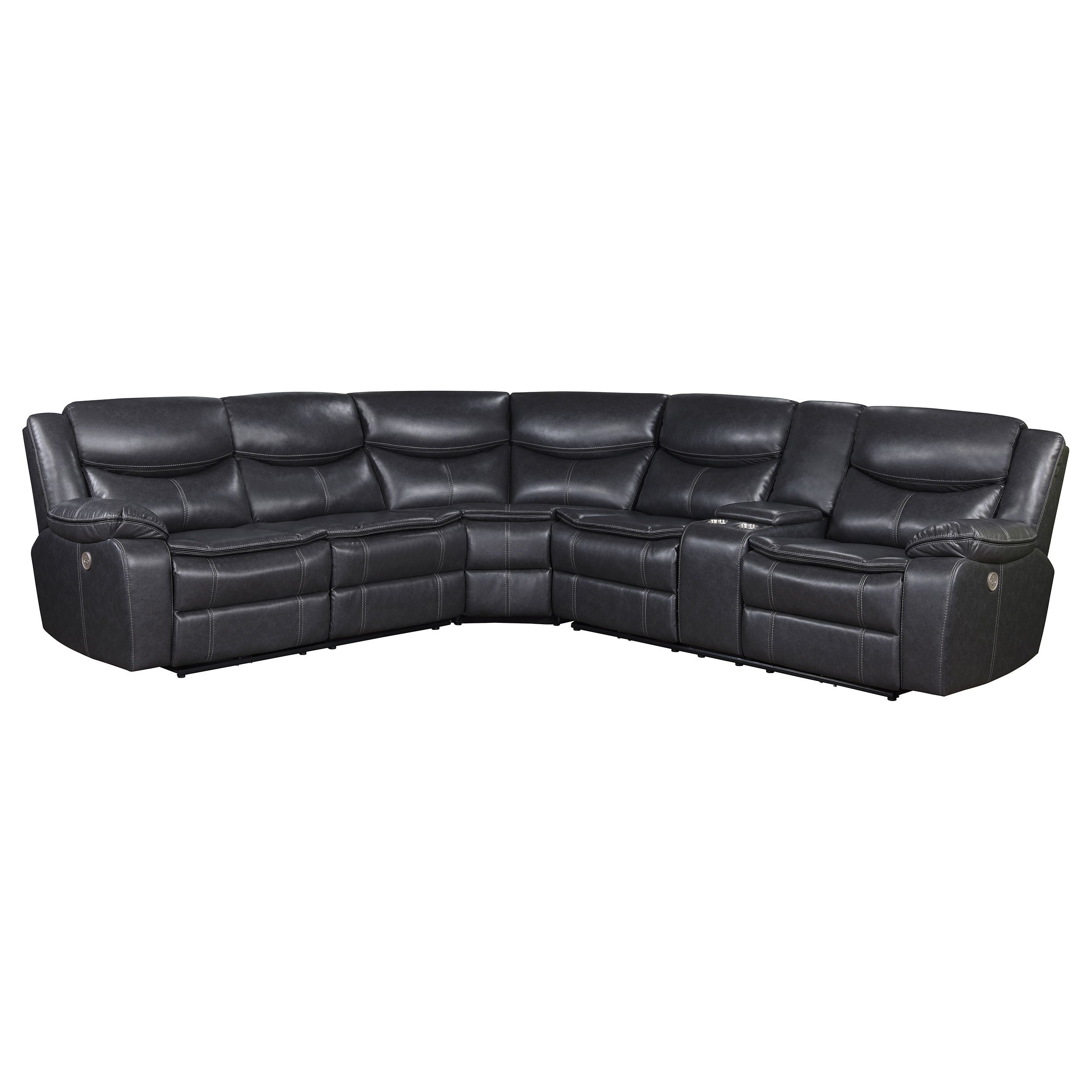 Salerno Grey Upholstered Power Reclining Sectional Sofa with Built-in Console in Dark Grey Leatherette, 113-Inch Long