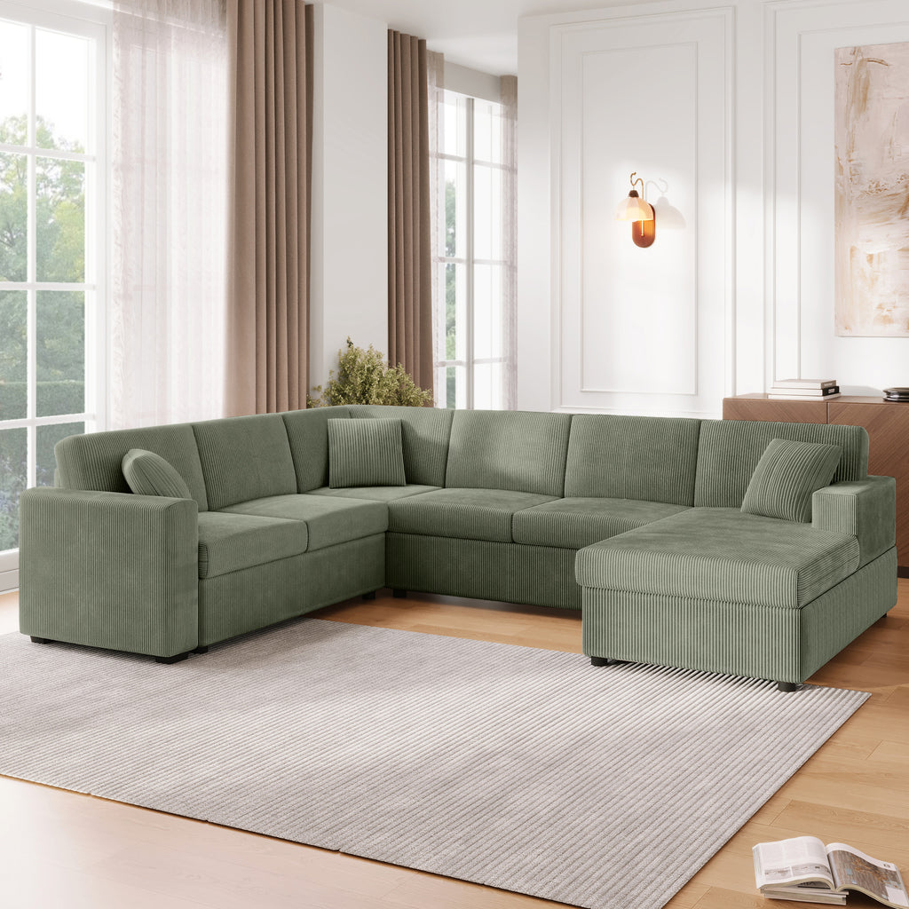Oversized Sectional Sofa 115.3' U-Shaped Sofa with a Chaise Lounge and Three Soft Throw Pillows for Living Room, Green