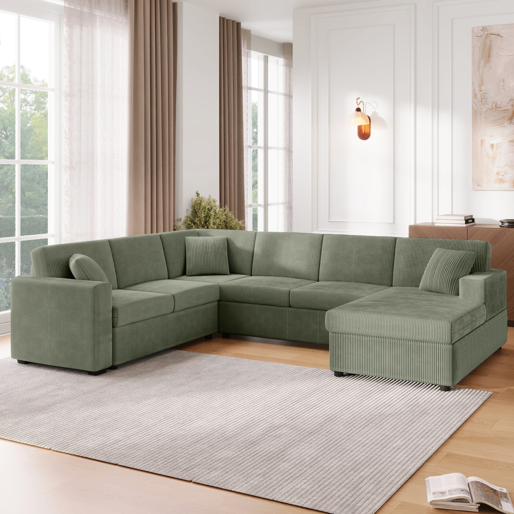 Oversized Sectional Sofa 115.3' U-Shaped Sofa with a Chaise Lounge and Three Soft Throw Pillows for Living Room, Green