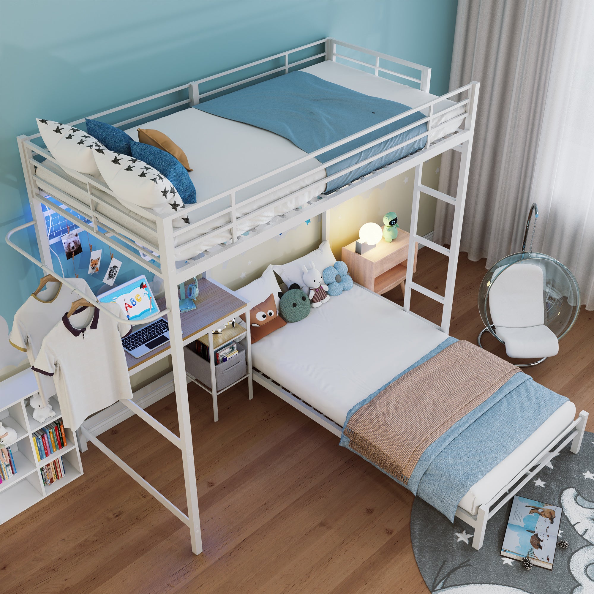 Bunk Bed Twin Over Twin Size with Desk Station L-Shaped Metal Bunk Bed Storage Shelves and Drawers Loft Beds with Safety Guardrail and Ladder for Teen,White