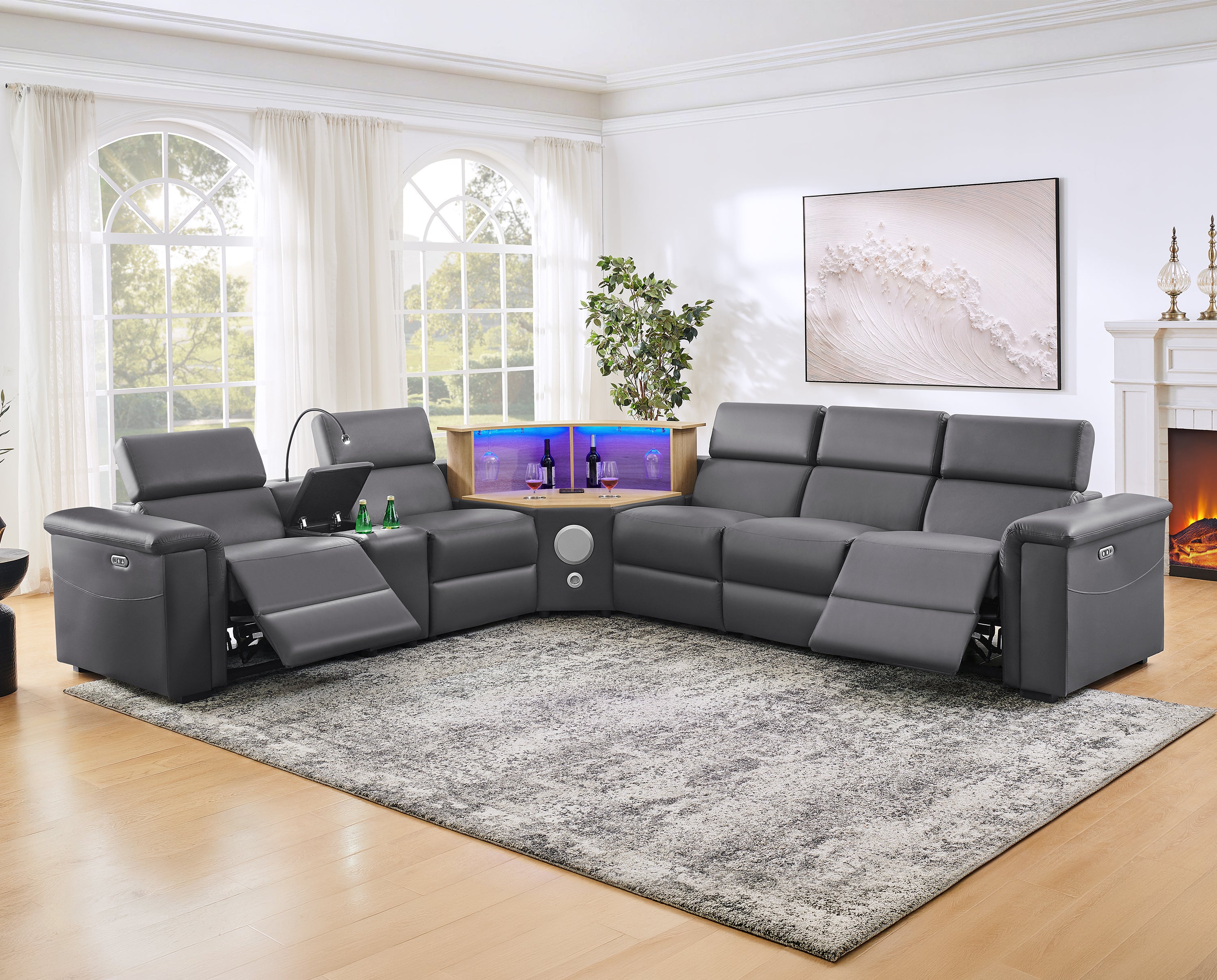 5-Seater Air Leather L-Shaped Powered Recliner Sofa Set with Motorized Lift Cabinet, Multi Functions Sectional Couch Blue Tooth HiFi Subwoofer Speakers, Colorful Ambient LED, Touch Lamp, Dark Gray
