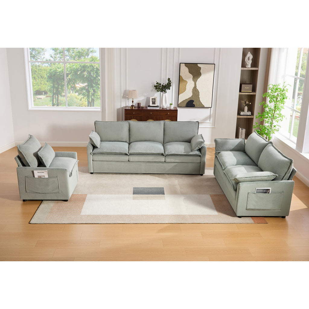 Modern Sofa Set Soft Plush Upholstered Couch Collection with Double-Layer Cushion and Side Storage Pockets for Living Room, Green