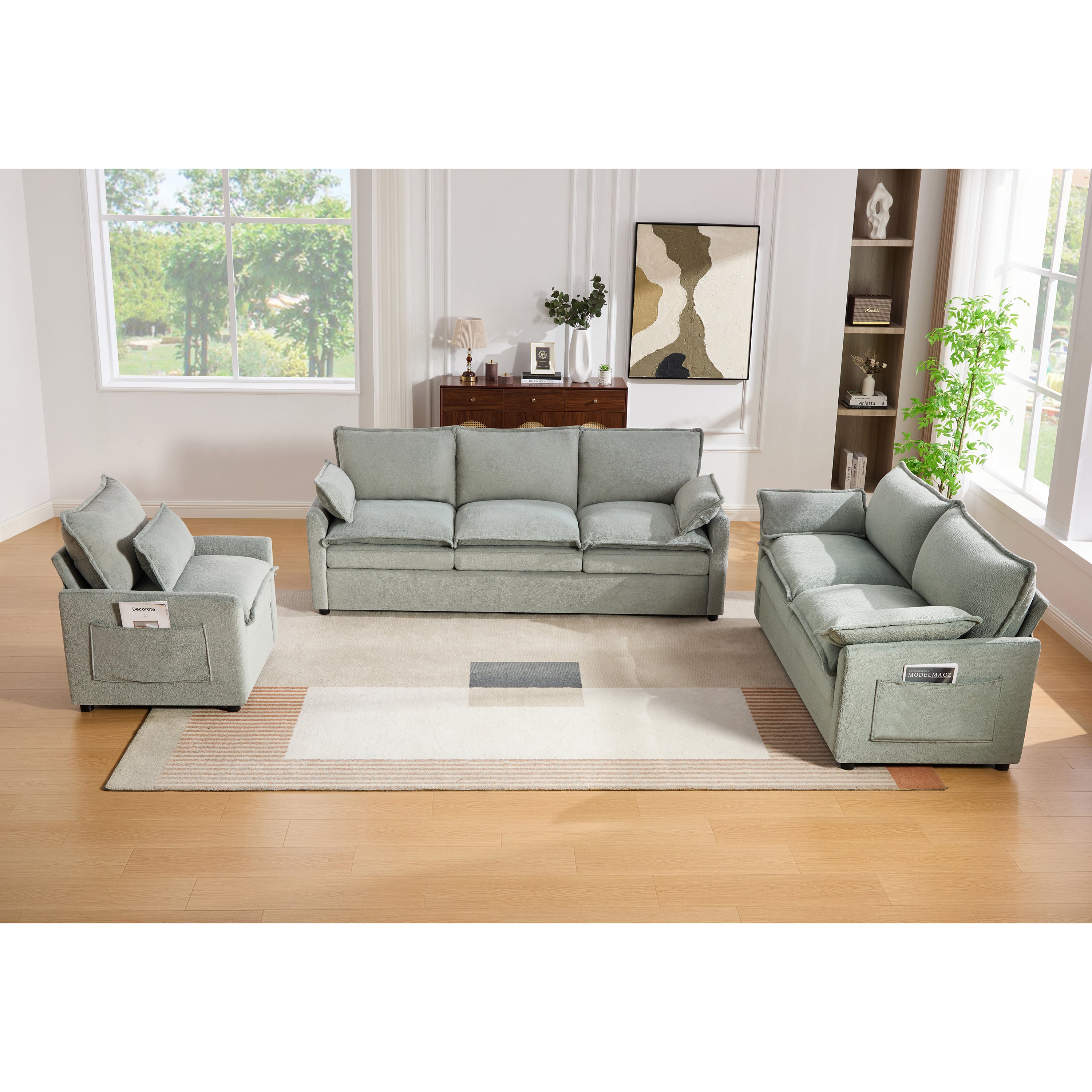 Modern Sofa Set Soft Plush Upholstered Couch Collection with Double-Layer Cushion and Side Storage Pockets for Living Room, Green