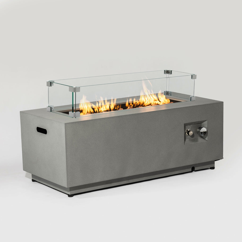 42' Propane Gas Fire Pit Table, 50000 BTU Rectangular Steel Fire Pit with Glass Wind Guard for Outside Patio Deck Garden Courtyard -Gray