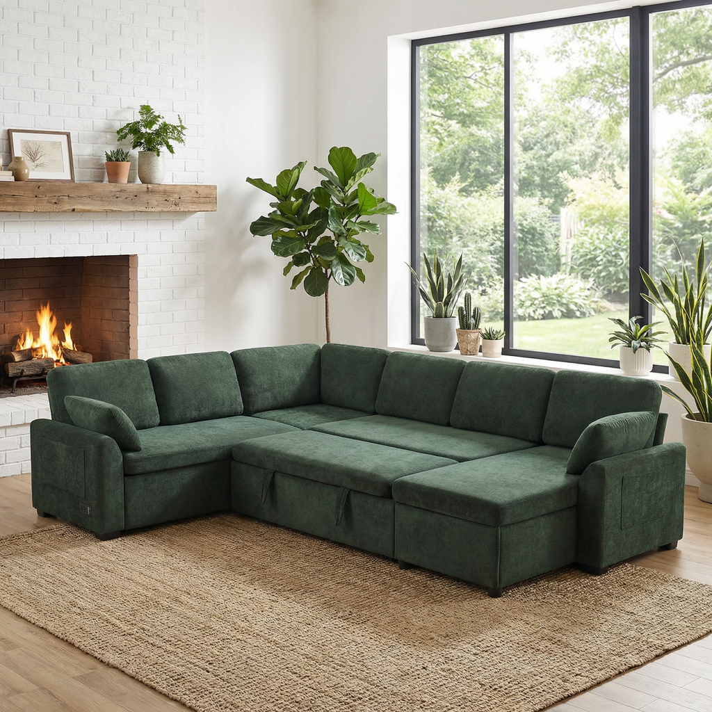 Convertible Sofa Bed 111' Sectional Sofa U-shaped Sofa with Reversible Chaise Lounge and Storage Pockets for Living Room, Green