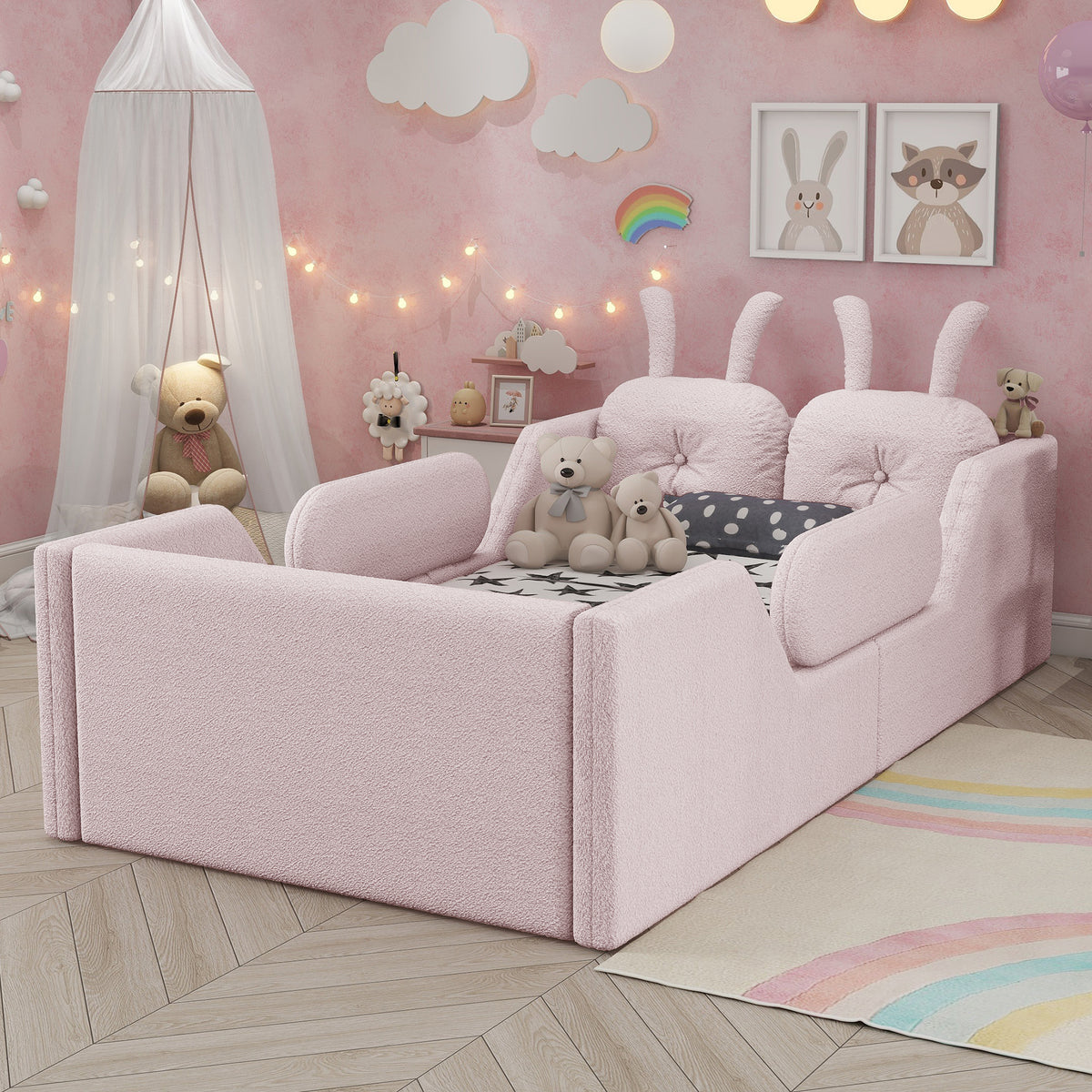 Twin Size Upholstered Platform Bed with Rabbit Cushion, Kids Floor Upholstered Bed with Removable Side Rails, Pink(Old SKUW2593P395807 Expect Arrival Date 2026/7/14)