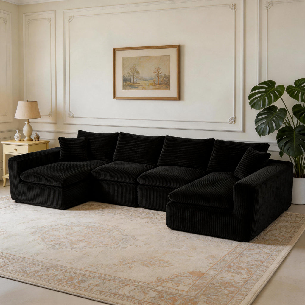 Modular Sectional Cloud Couch for Living Room - 130' Modular U Shaped Sectional Couch, No Assembly Compression Sofas, Comfy Floor Sofa with Memory Foam,Black