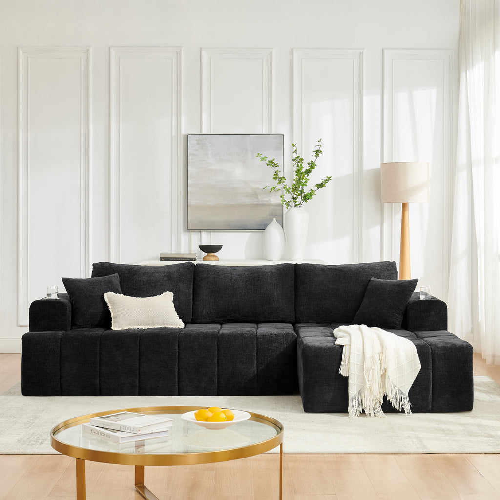 108' L-Shaped Chenille Sectional Sofa, Cloud Style Boneless Sofa with Chaise, Modern Upholstered Couch with Cup Holders & Side Pockets, Compression Sofa for Living Room, No Assembly Required, Black