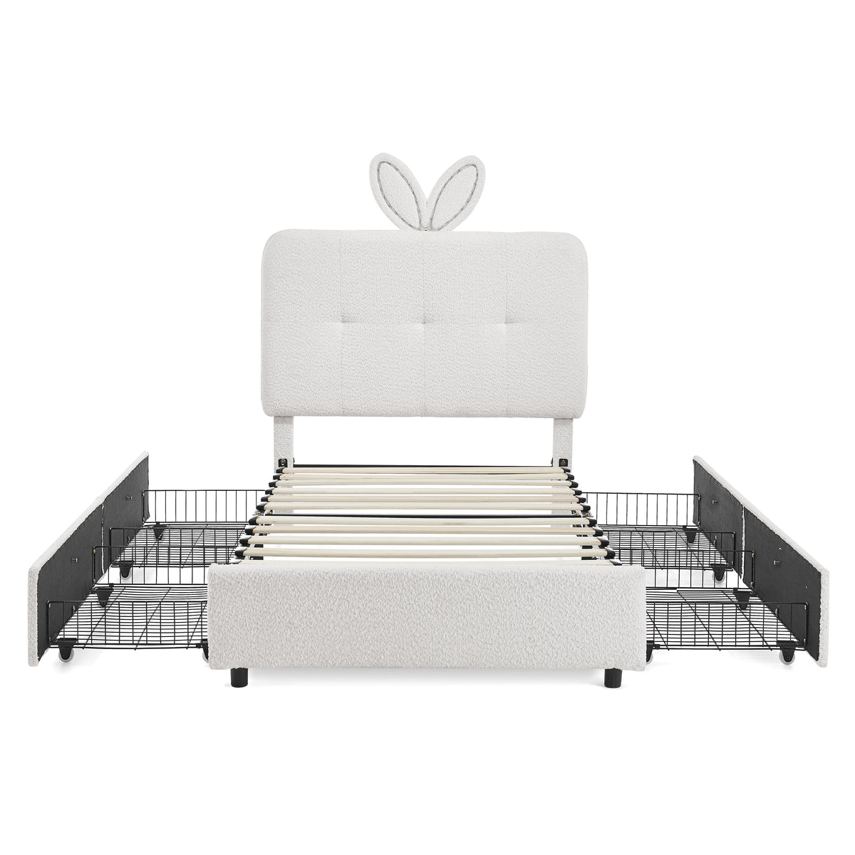 Kids Twin Upholstered Bed with Oversized Rabbit Ear Headboard, LED Light & 4 Storage Drawers in Beige Boucle Fabric, 79.5''X40.75''X41''