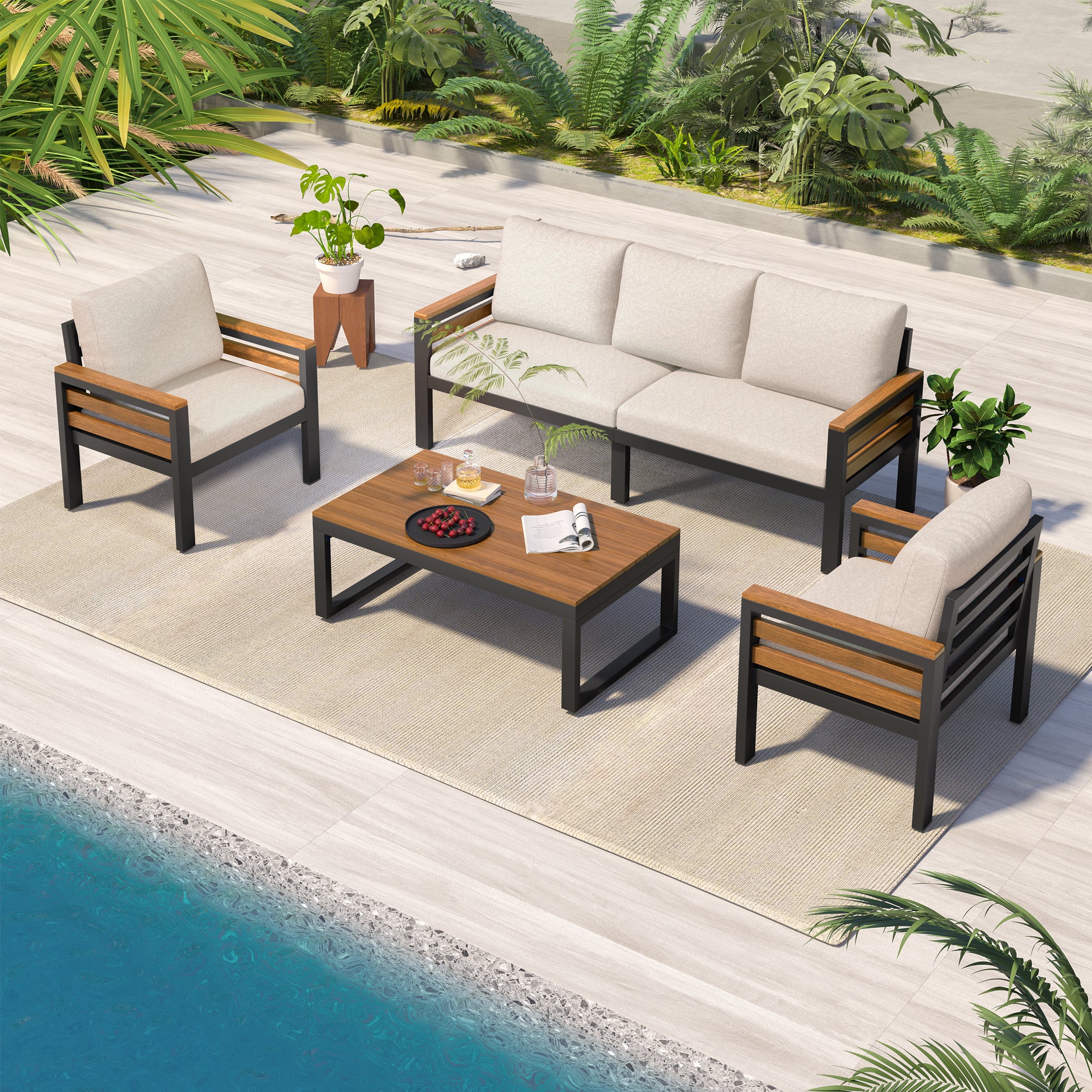 <Old SKU: N704G201246A> GO 4-Piece Outdoor Furniture Sofa Set for 5 People with Acacia Wood Armrests, Patio Conversation Set with Removable Cushion and Solid Wood Coffee Table for Garden,Beige