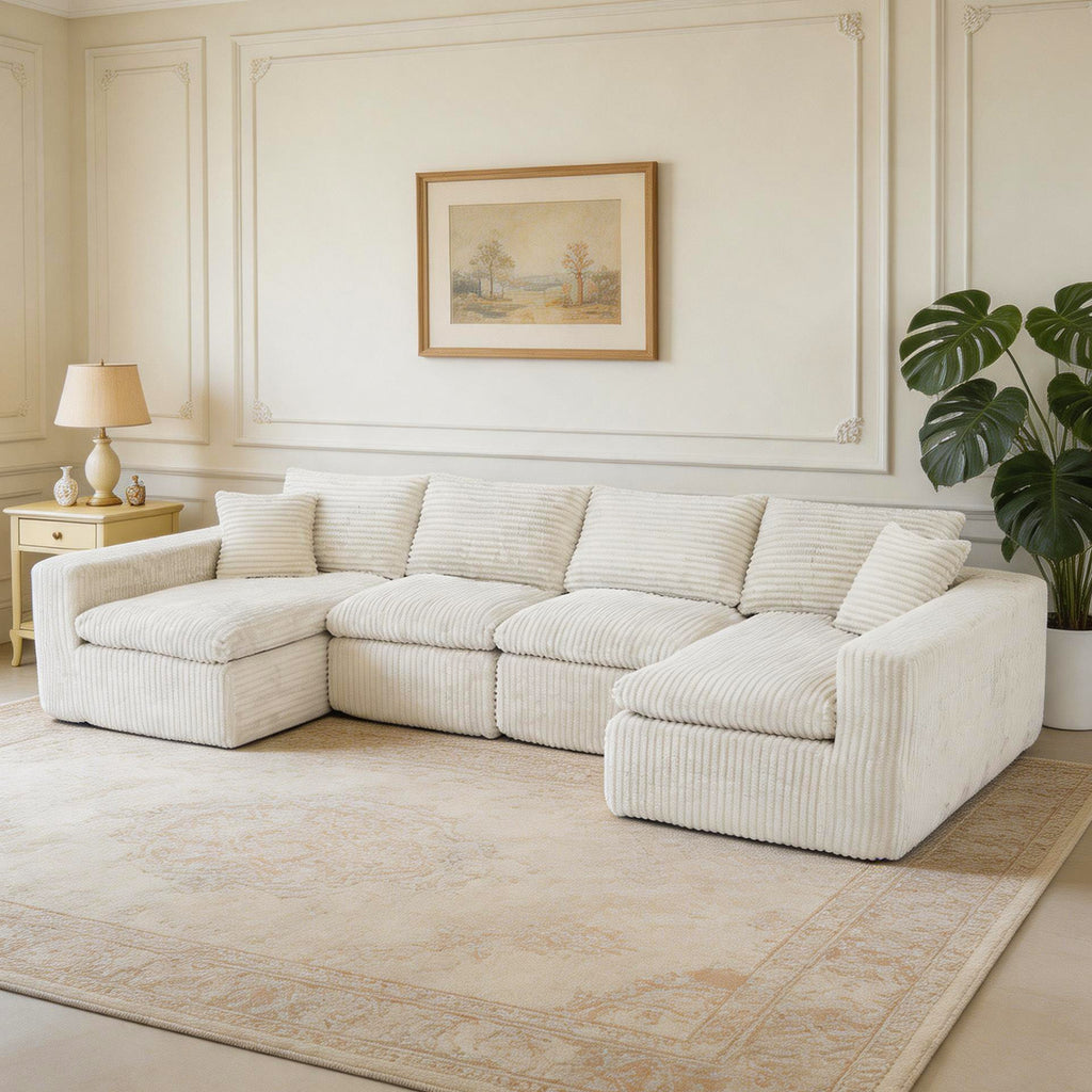 Modular Sectional Cloud Couch for Living Room - 130' Modular U Shaped Sectional Couch, No Assembly Compression Sofas, Comfy Floor Sofa with Memory Foam,Beige White