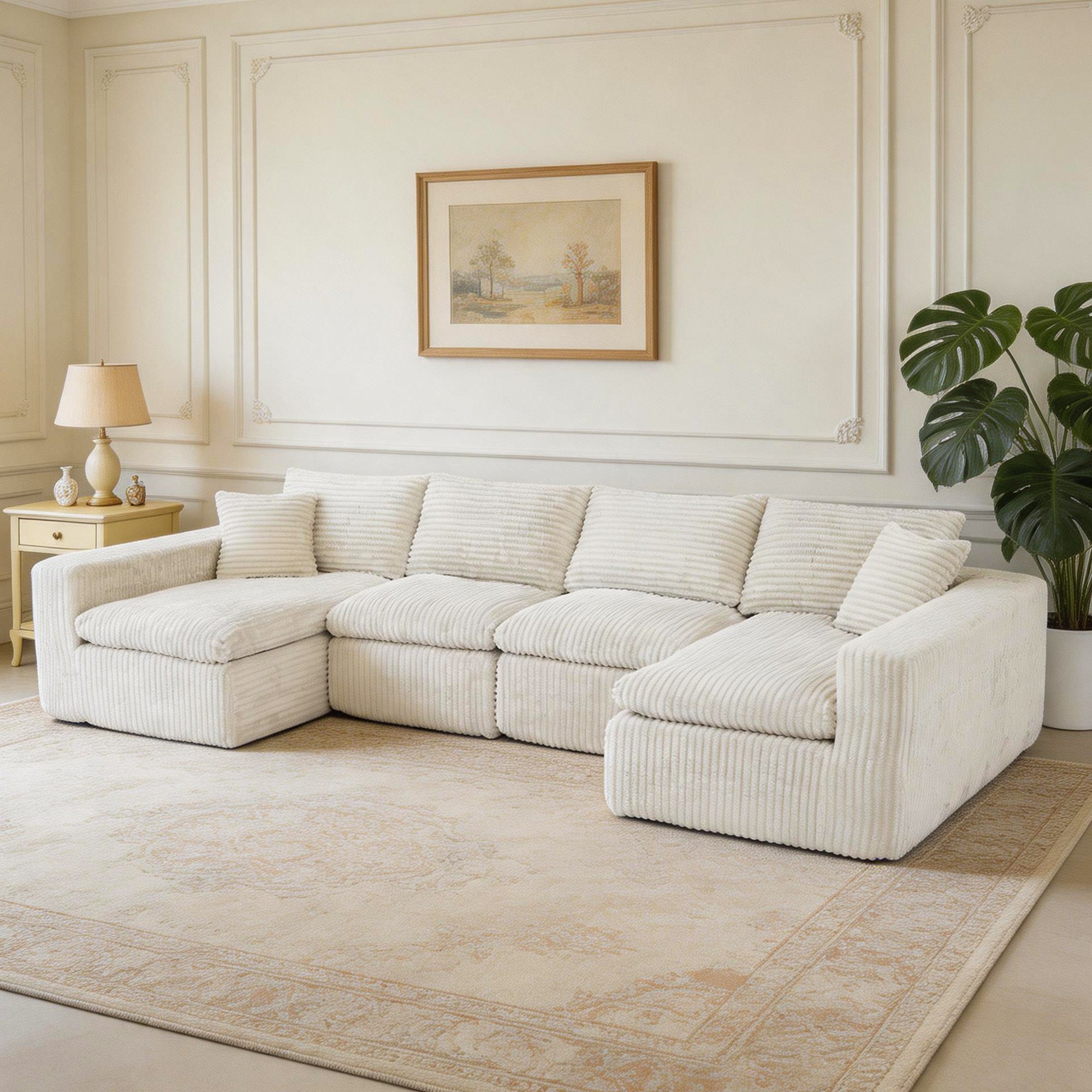 Modular Sectional Cloud Couch for Living Room - 130' Modular U Shaped Sectional Couch, No Assembly Compression Sofas, Comfy Floor Sofa with Memory Foam,Beige White