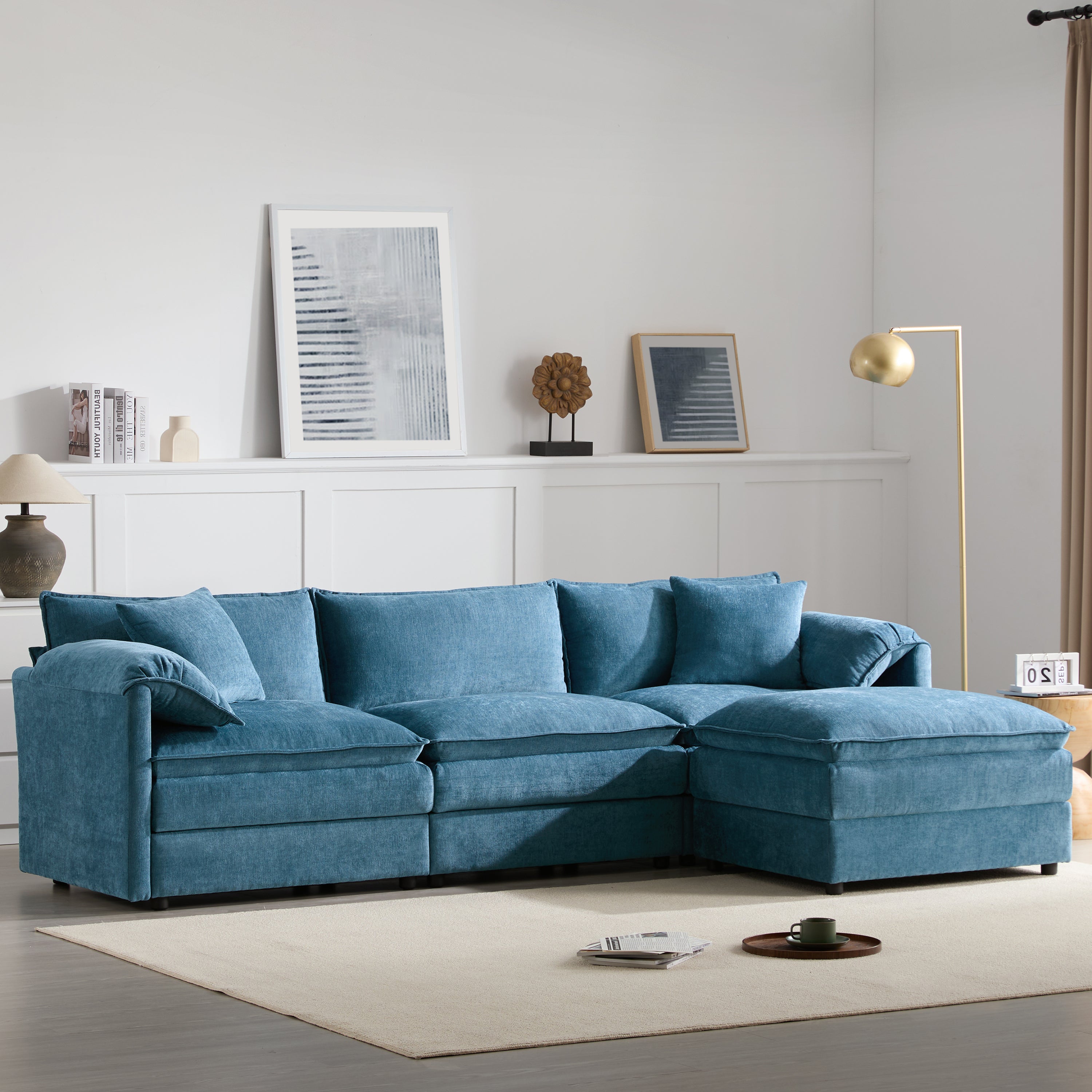 [NEW SKU of N723S0687C]103' Chenille Modular Sectional Sofa with Deep and Wide Seat, L Shaped Cloud Couch Set with Double Cushions, 4 Seat Sofa with Movable Ottoman, Oversized Indoor Furniture