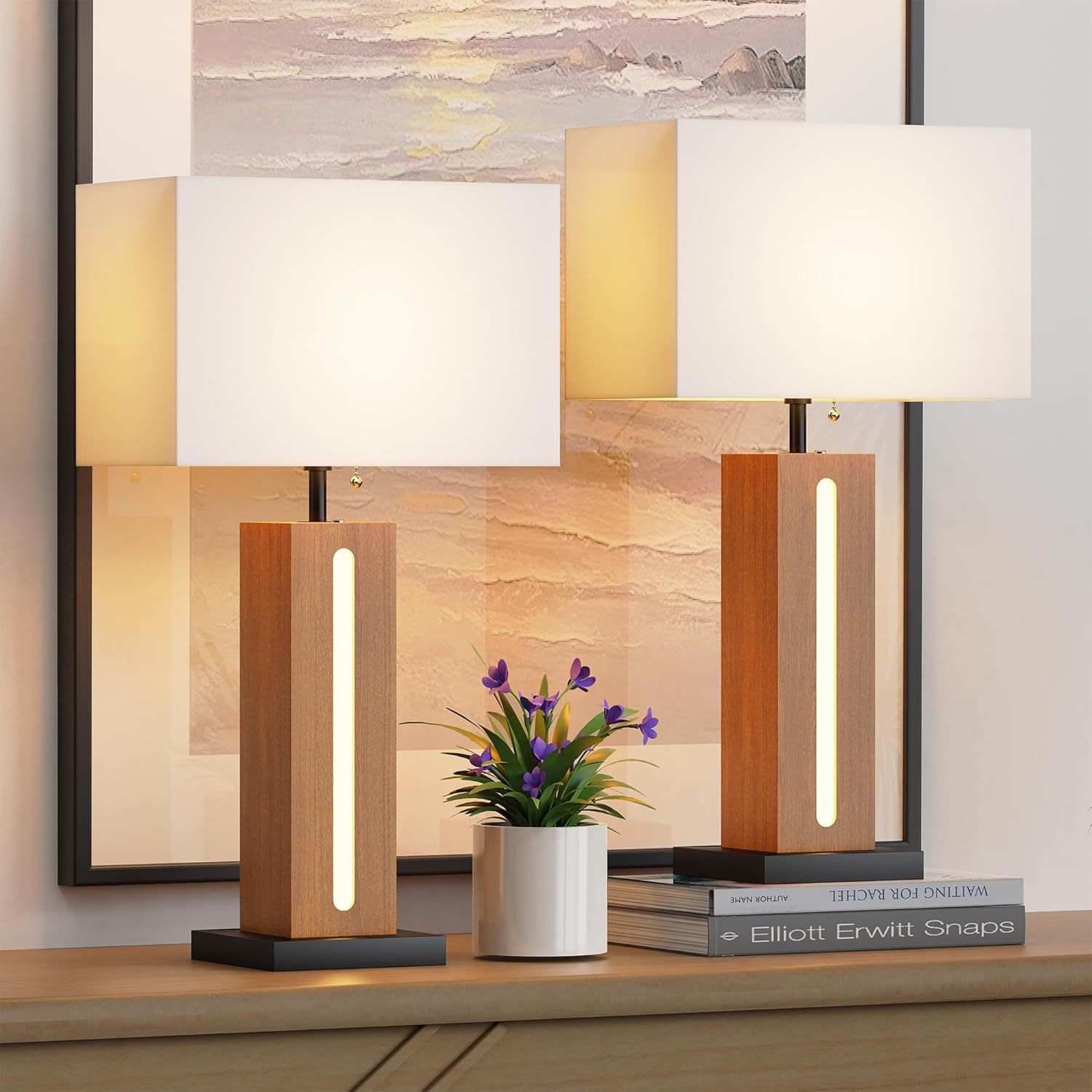 Table Lamps Set Of 2, Modern Dimmable Bedside Lamp With LED Nightlight, Rustic Farmhouse Square Wood Grain Nightstand Lamps With Linen Shades For Living Room Bedroom End Table