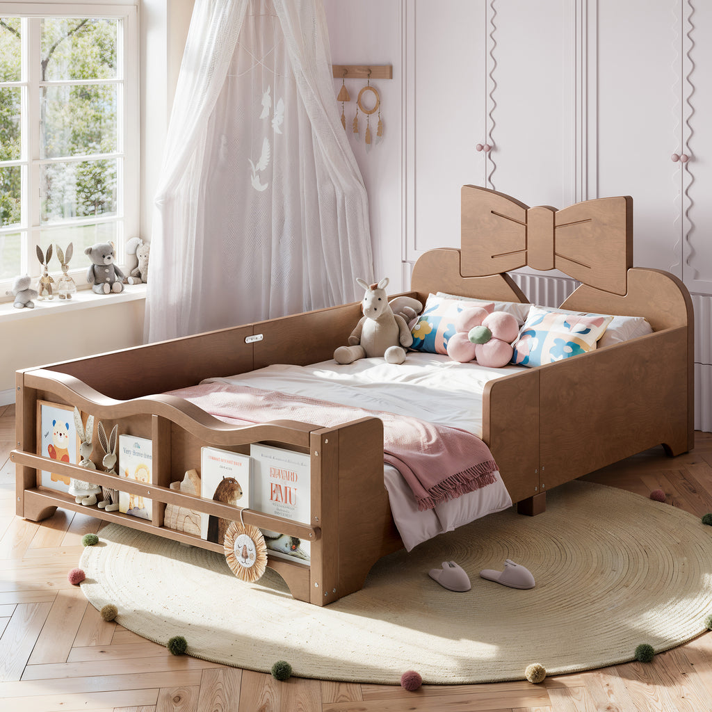 Twin Size Kids Platform Bed with Full Surround Guardrails, Cute Bowknot Shaped Headboard & Built-in Side Bookshelf, Natural Wood Finish Floor Be, No Box Spring Needed and low  design. Deep Natural