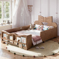 Twin Size Kids Platform Bed with Full Surround Guardrails, Cute Bowknot Shaped Headboard & Built-in Side Bookshelf, Natural Wood Finish Floor Be, No Box Spring Needed and low  design. Deep Natural