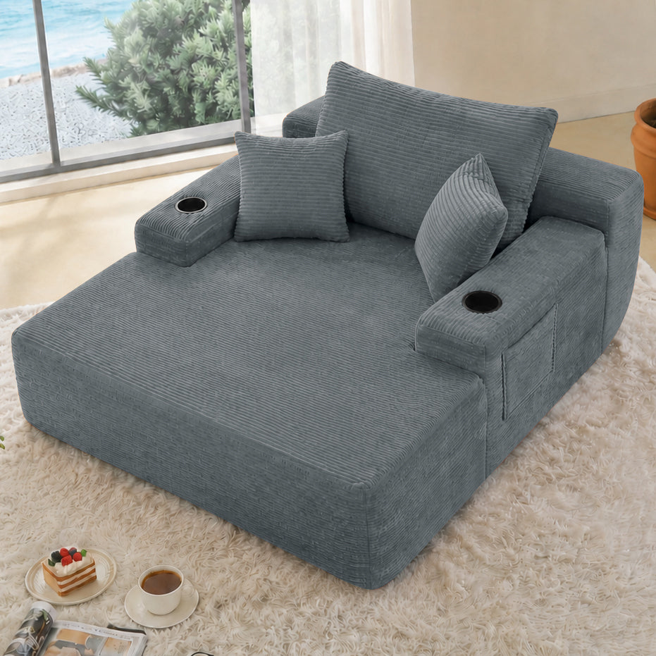 NEW Convertible Chaise Lounge Chair Corduroy with Wide Armrest & Throw Pillows, Cozy Boneless Sleeper Sofa Bed Armchair,with cup holder, for Living Room, Bedroom, No Assembly Required,Grey