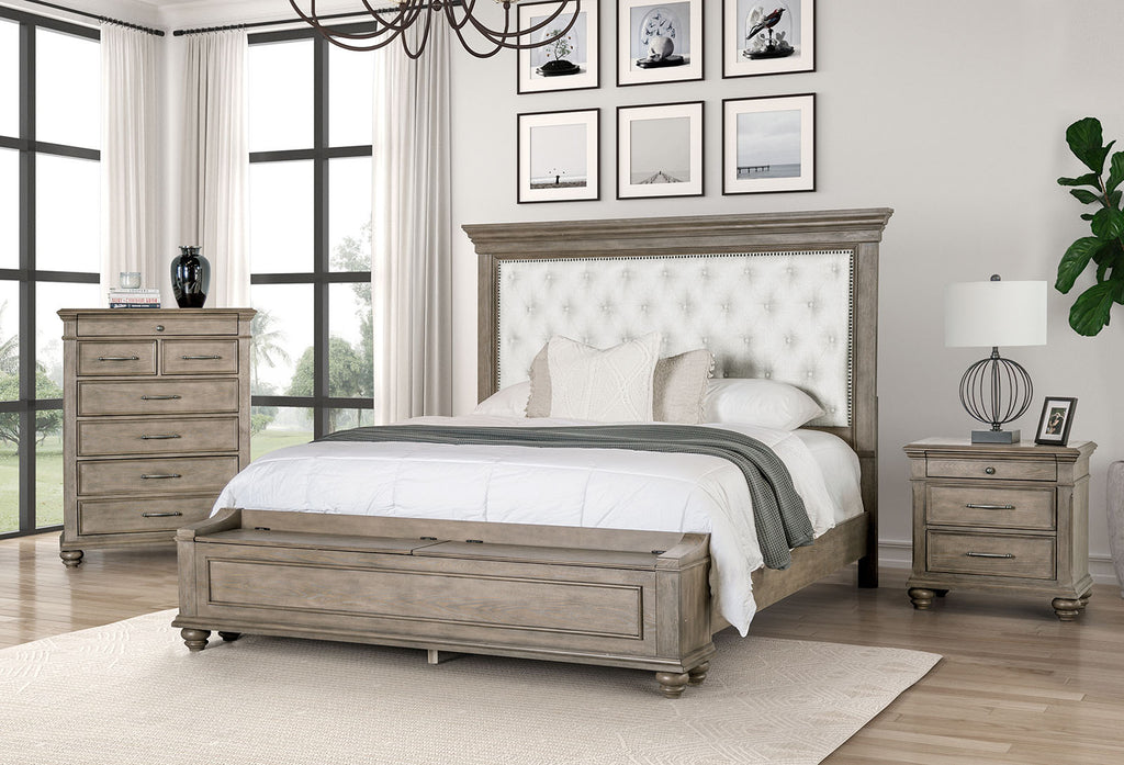 Formal Bedroom Furniture 3pc Set King Size Bed Nightstand Chest Aged Oak FB Bench w Storage Beige Padded Fabric