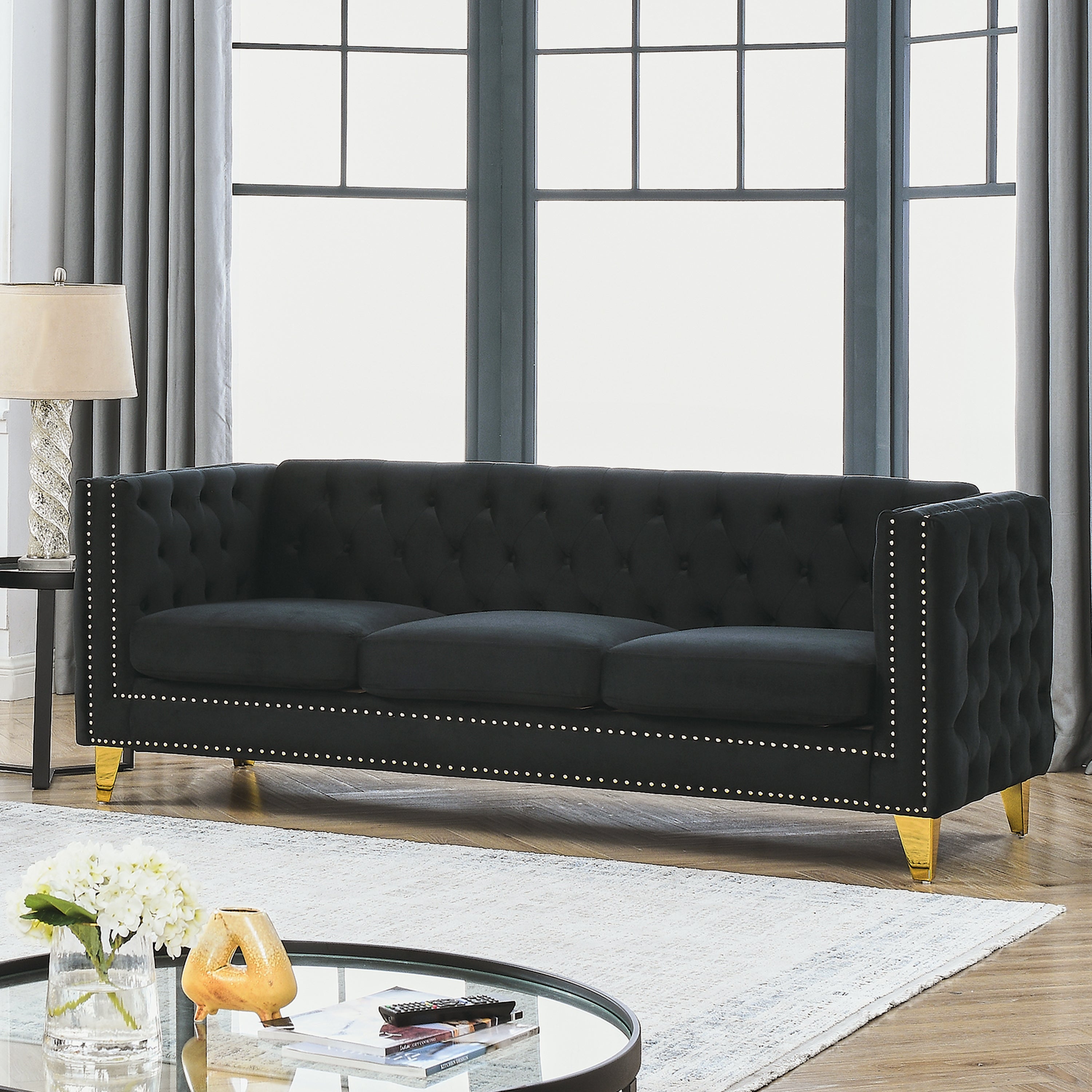 Modern Black Velvet Sofa with Button Tufting and Metal Legs, 3-Seater Couch for Living Room or Bedroom, Upholstered in Soft Velvet with Solid Wood Frame
