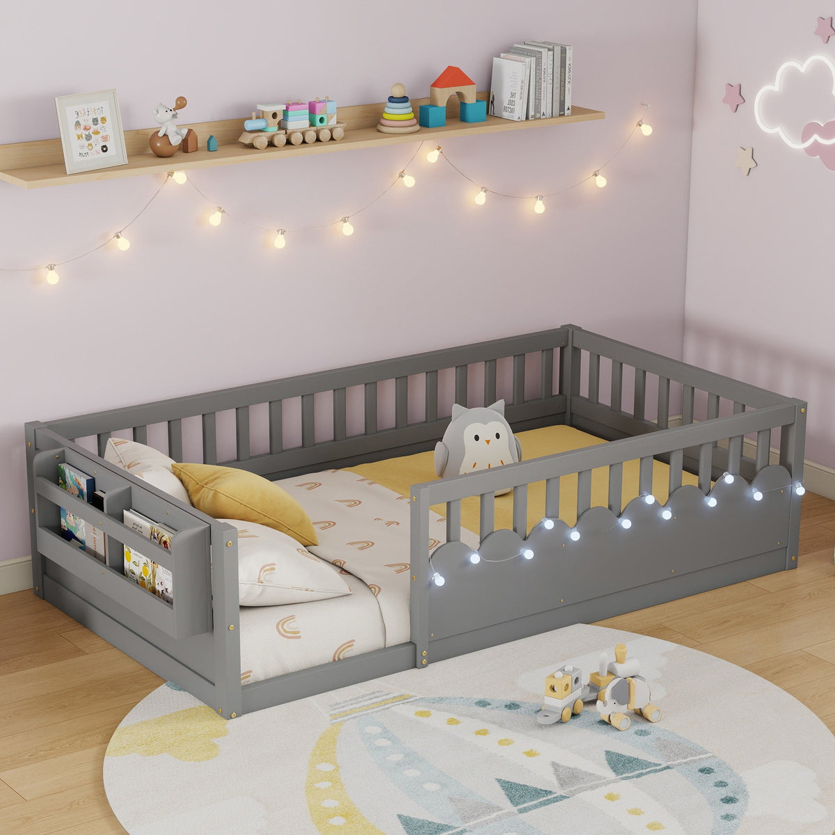 Twin Montessori Floor Bed Frame with High Rails, Wood Kids Floor Beds with Light and Storage Shelf, Gray (Old SKU W2593P333797 )