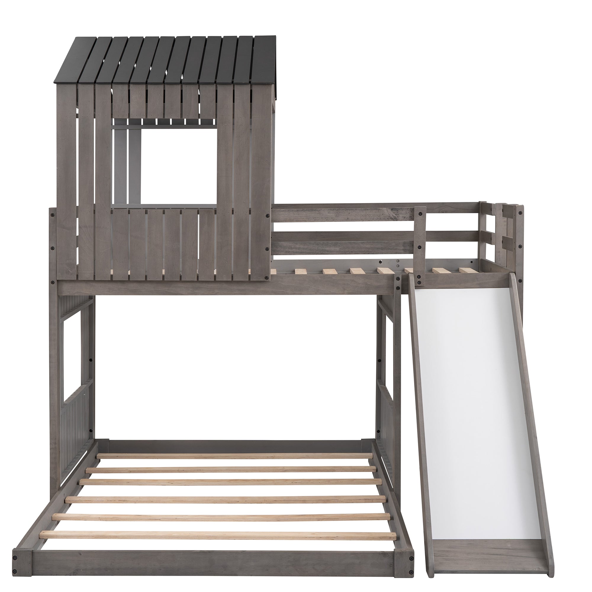 Hearth & Haven Twin over Full Bunk Bed with Playhouse, Farmhouse, Ladder, Slide and Guardrails, Antique Grey