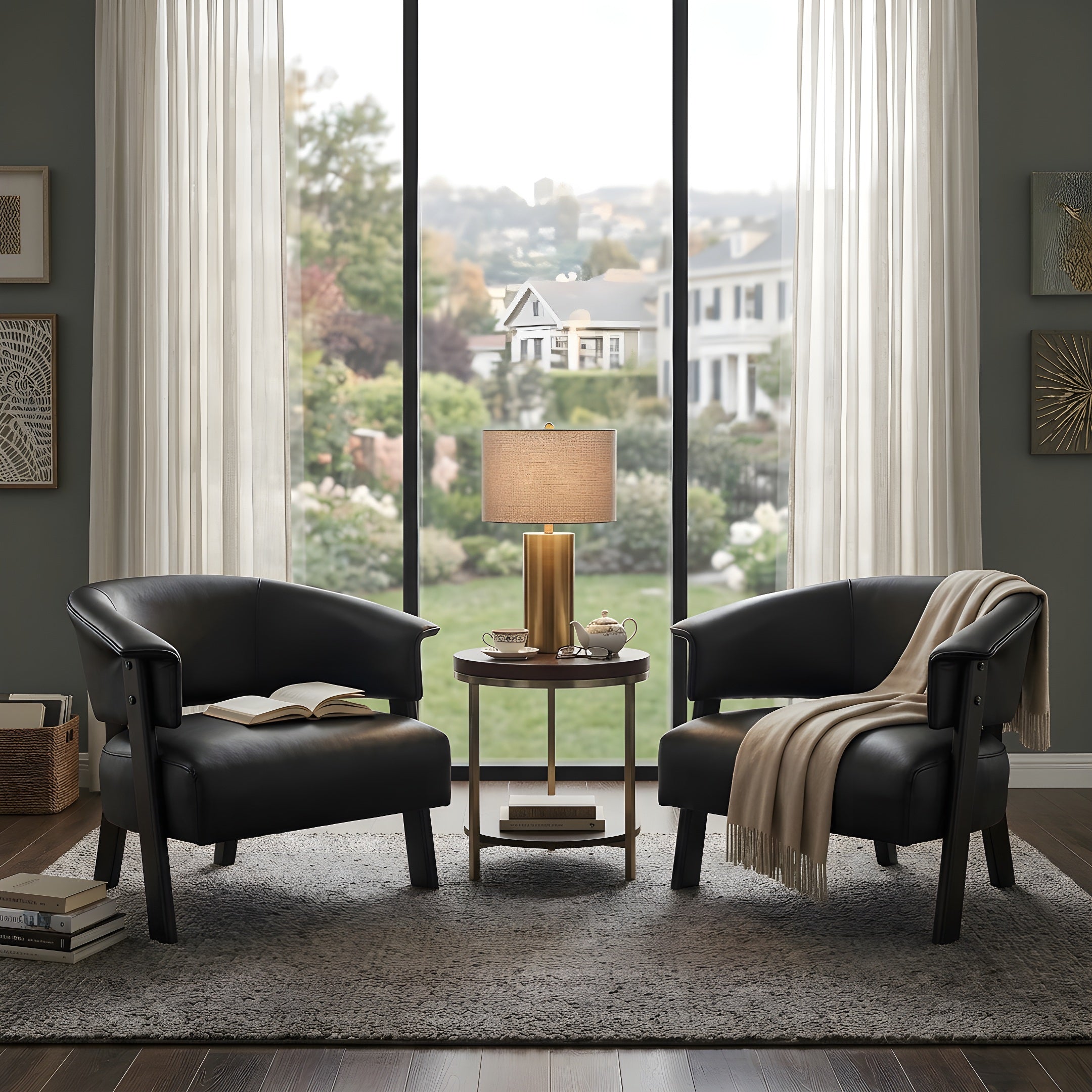 Faux Leather Wingback Accent Chairs Set for 2, Wrap-Around Back Upholstered Armchair, Comfy Fabric Wingback Arms Chairs with Solid Wood Legs, Single Sofa Reading Chair for Bedroom Living Room, Black