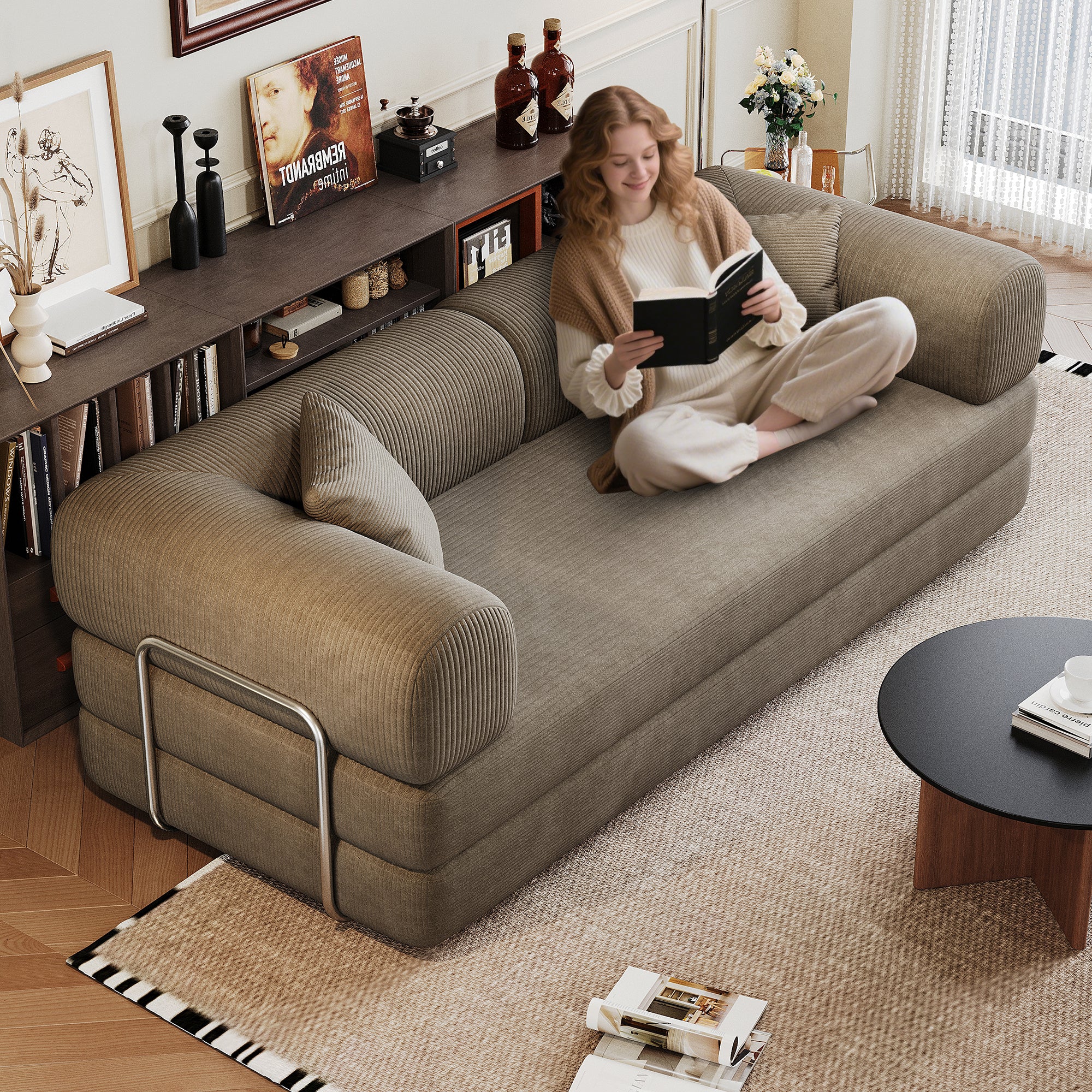 78.8' Compression Sofa,Convertible Floor Sofa Bed-with Pillow Back Support Armrest,Comfy Futon Couch Sleeper Bed,Loveseats Boneless Modular Sectional Sofa,Corduroy fabric,for Living Room,Bedroom,Camel