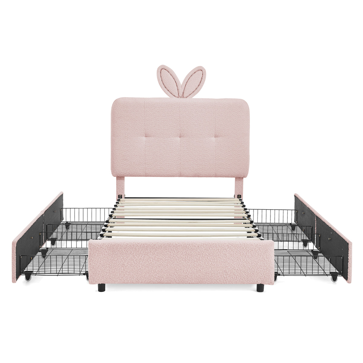 Pink Twin Size Kids Upholstered Bed with Oversized Rabbit Ear Headboard, LED Light & 4 Storage Drawers in Boucle Fabric, 79.5''X40.75''X41''