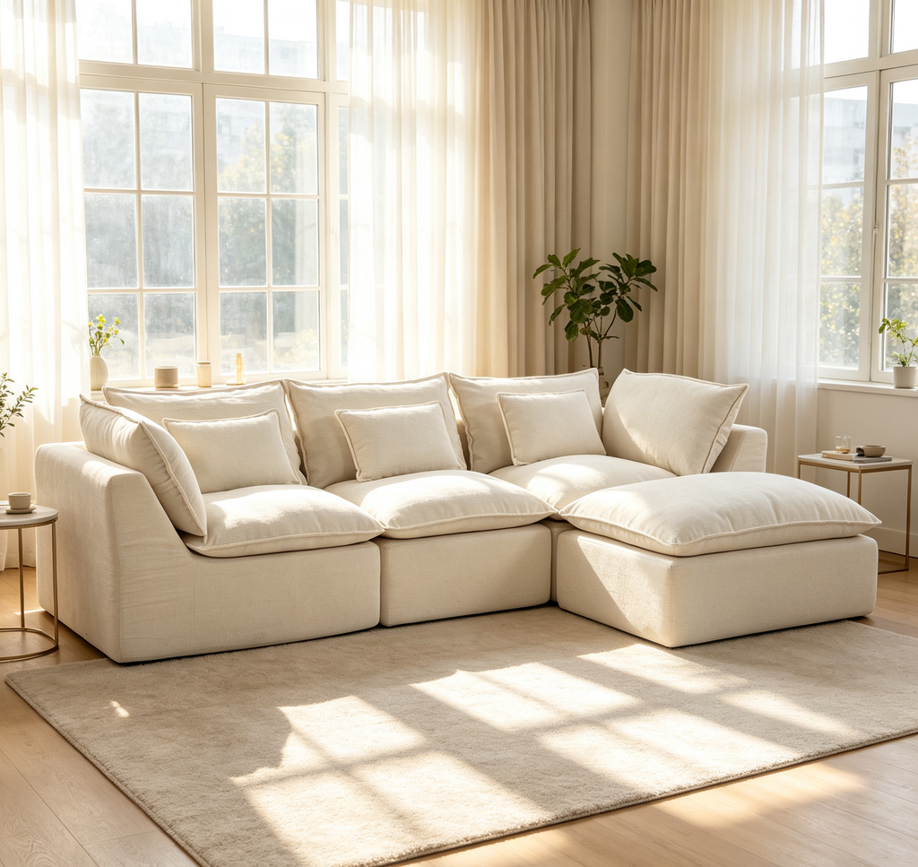 102.3' Width Cloud Couch Oversized Modular Sectional Sofa True Relax Comfy Couches Wide&Deep Seat Sofas for Living Room Furniture Sets, Waffle Fabric ,3Seat with Ottoman