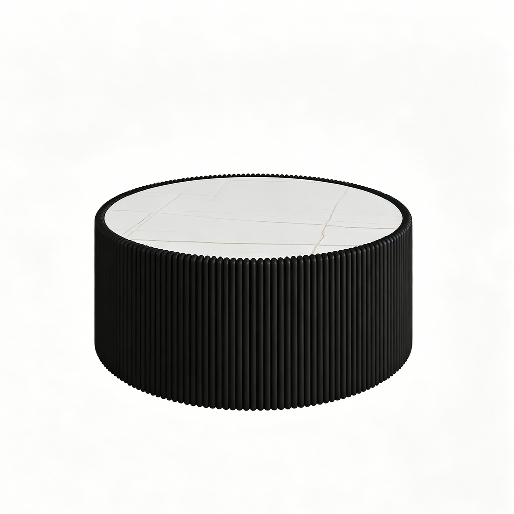Modern Cylindrical Sofa Table with Sintered Stone Top and Black PU Leather Frame in Gold Pattern