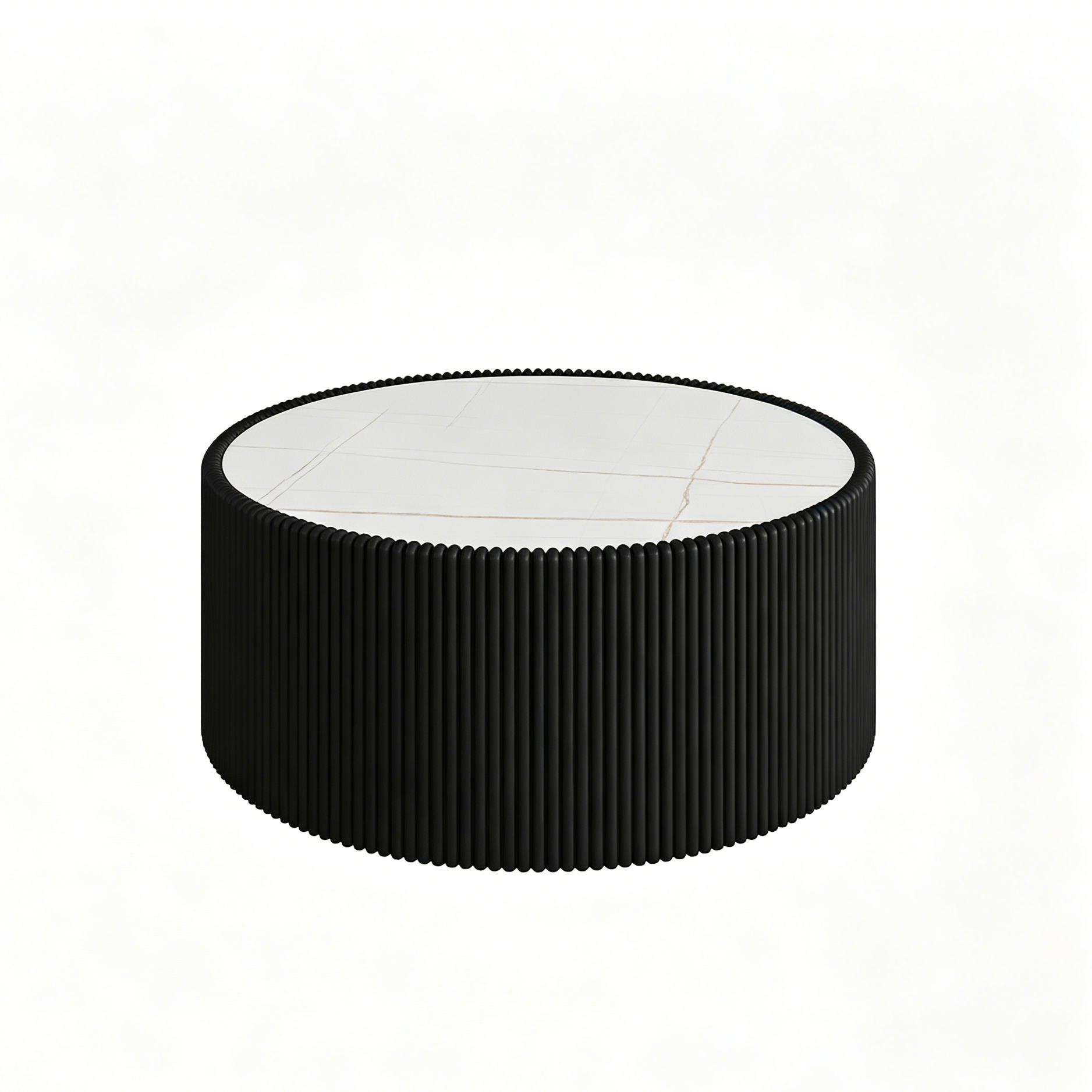Modern Cylindrical Sofa Table with Sintered Stone Top and Black PU Leather Frame in Gold Pattern