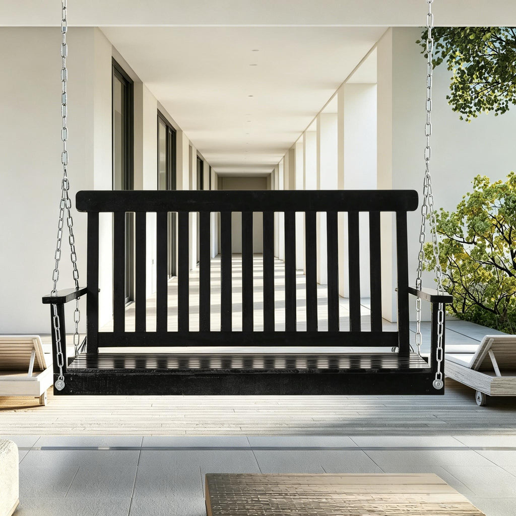 Black 2-Seater Hanging Porch Swing Outdoor Patio Swing Chair Seat with Slatted Build and Chains, 440lbs Weight Capacity