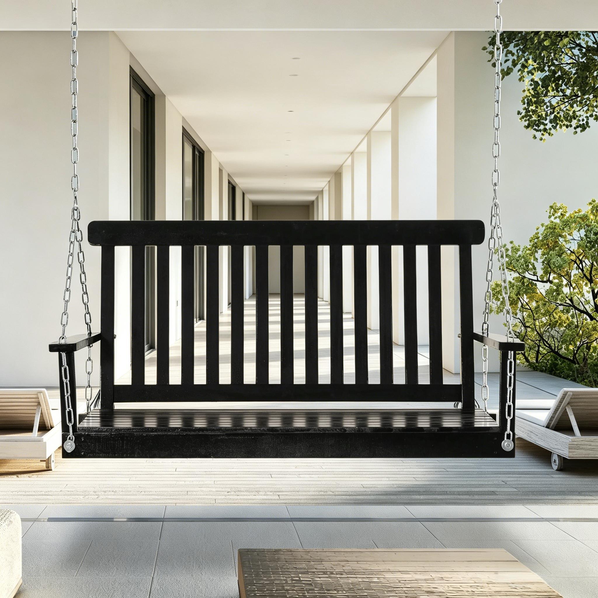 Black 2-Seater Hanging Porch Swing Outdoor Patio Swing Chair Seat with Slatted Build and Chains, 440lbs Weight Capacity