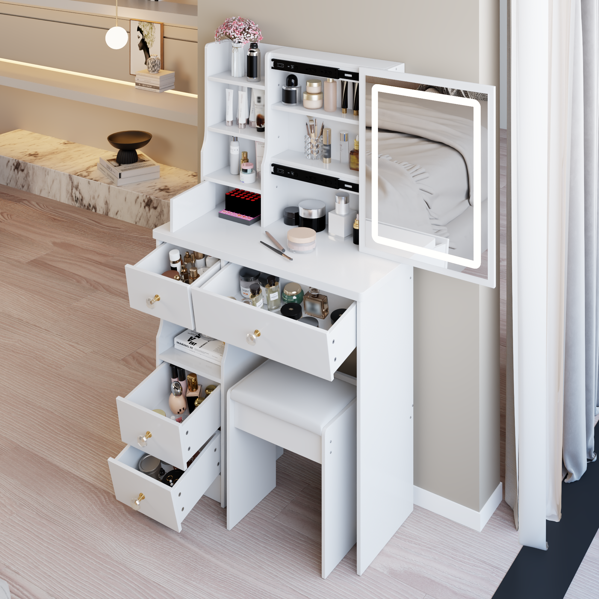 29.2' Small Size Left Drawer Desktop Vanity Table + Cushioned Stool, Large Sliding, Touch Control, Tri-color Switching, Brightness Adjust LED Mirror, High Capacity Storage, Suitable for Small Space