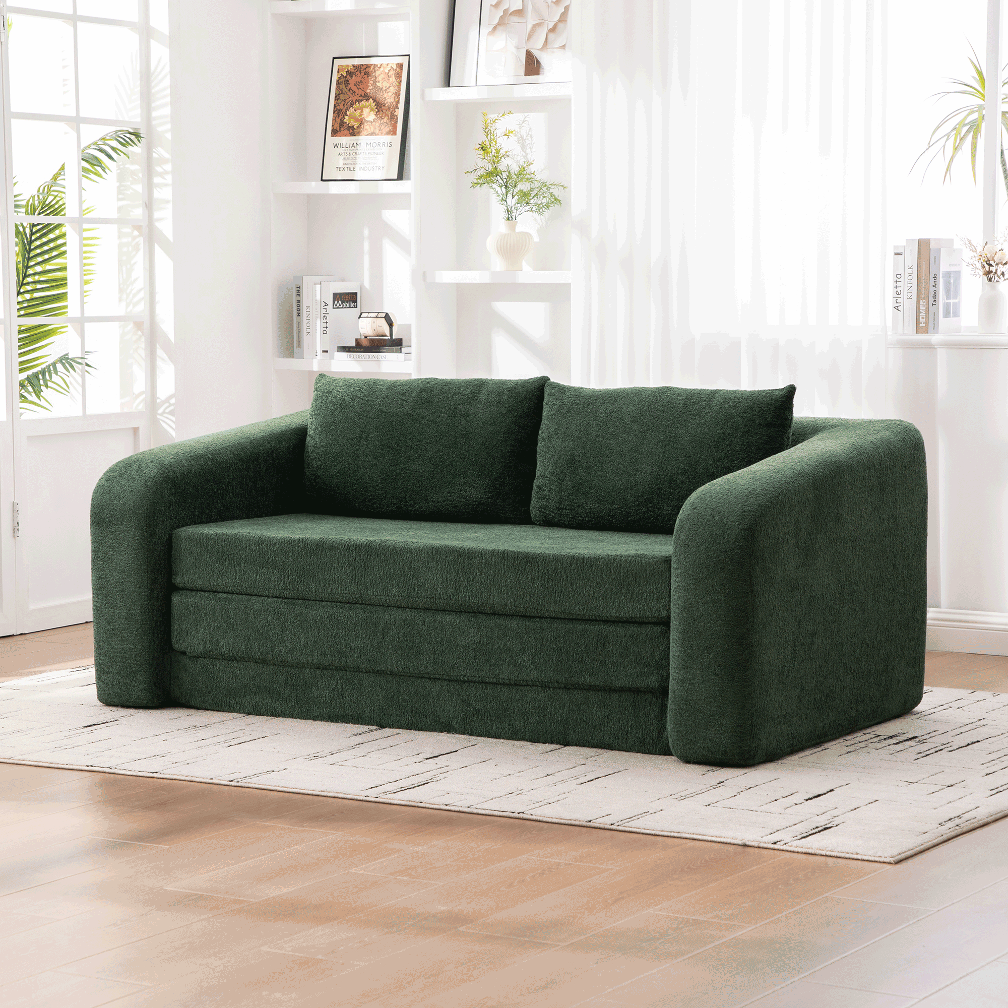 71' 2-in-1 Pull Out Foldable Loveseat Sofa Bed with Armrest & Backrest Pillows, Convertible Chenille Boneless Cloud Floor Mattress Sleeper Lounge Couch for Living Room Bedroom Guestroom Dorm, Green