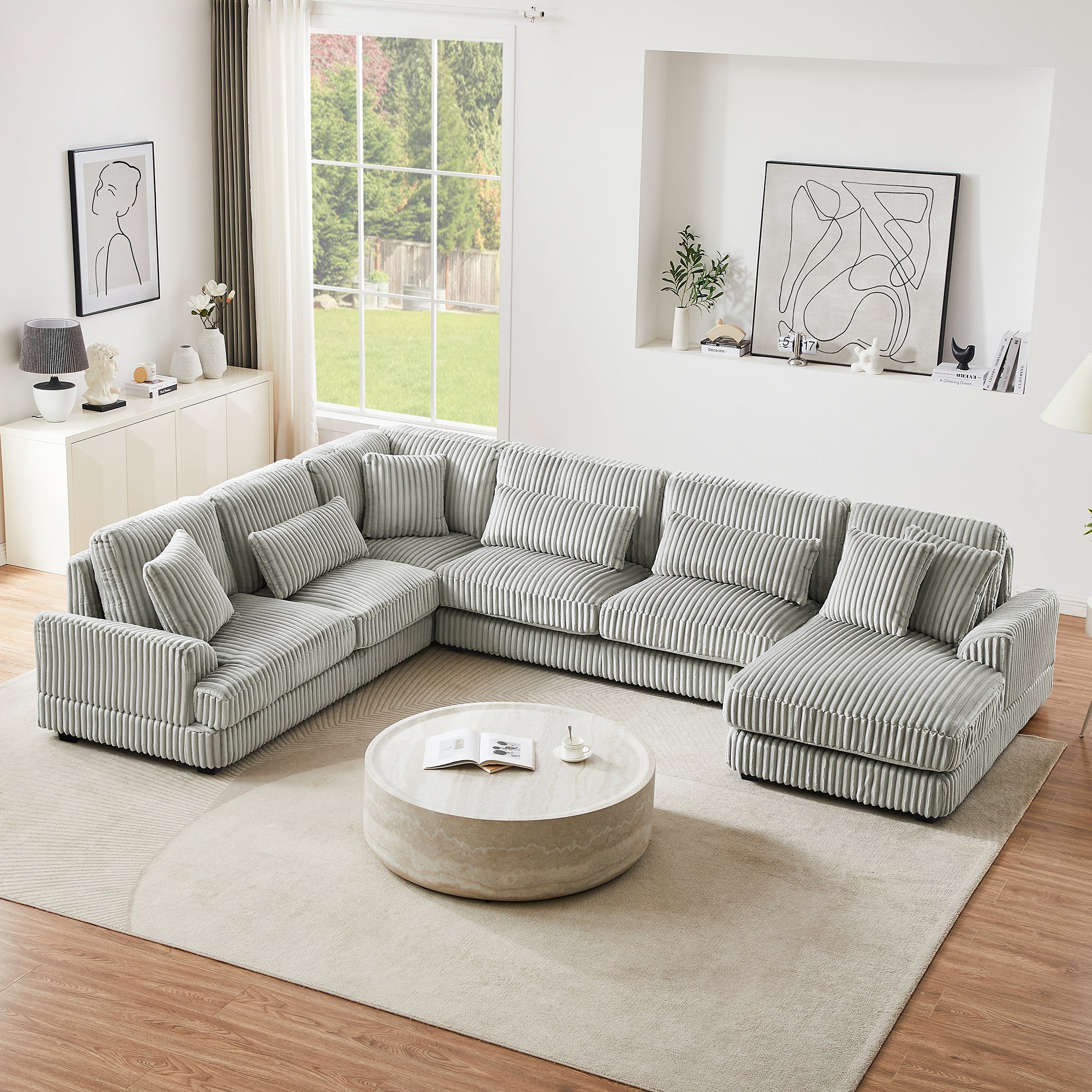 129' Oversized Sectional Sofa U-shaped Sofa Couch Modern Sofa Upholstered in Soft Corduroy with a Chaise Lounge for Living Room(Old SKU:N719S001690E), Grey
