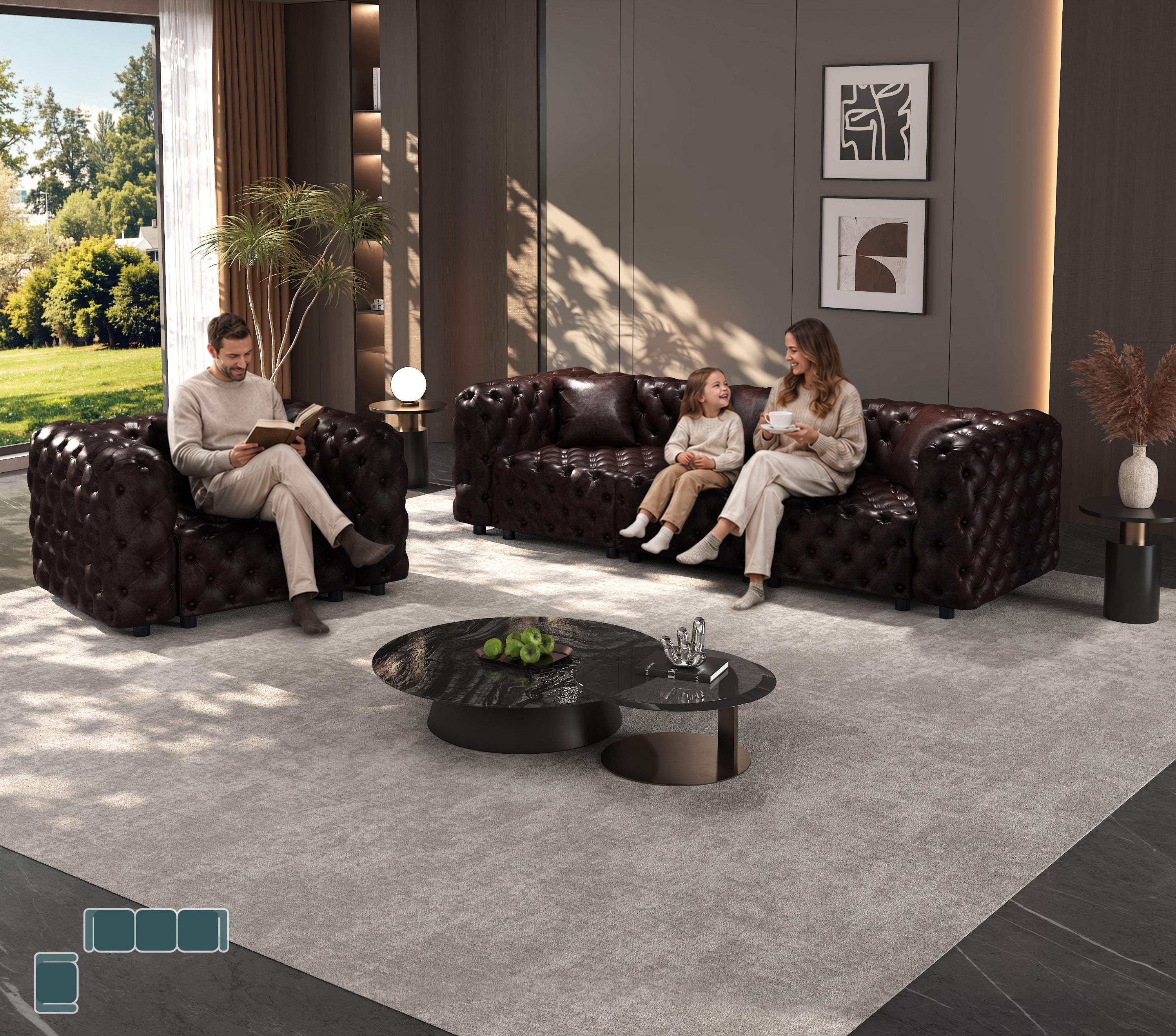 Modern Sofa Set, Faux Leather Upholstered Modular 3-Seater Sectional Couch with Pure Handmade Button Tufted Design, 4 Pillows, Multi Combination for Living Room,Dark Brown