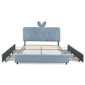 Kids Queen Upholstered Bed with LED Rabbit Ear Headboard, Boucle Fabric in Navy, 84.5''X62.75''X41''