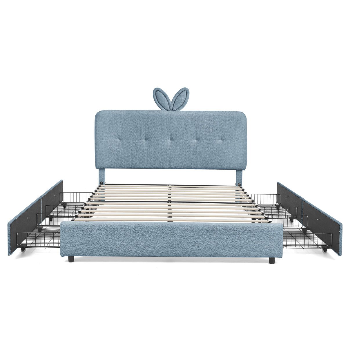 Kids Upholstered Bed with Rabbit Ear Headboard, LED Light & 4 Drawers in Navy Boucle Fabric, Full Size