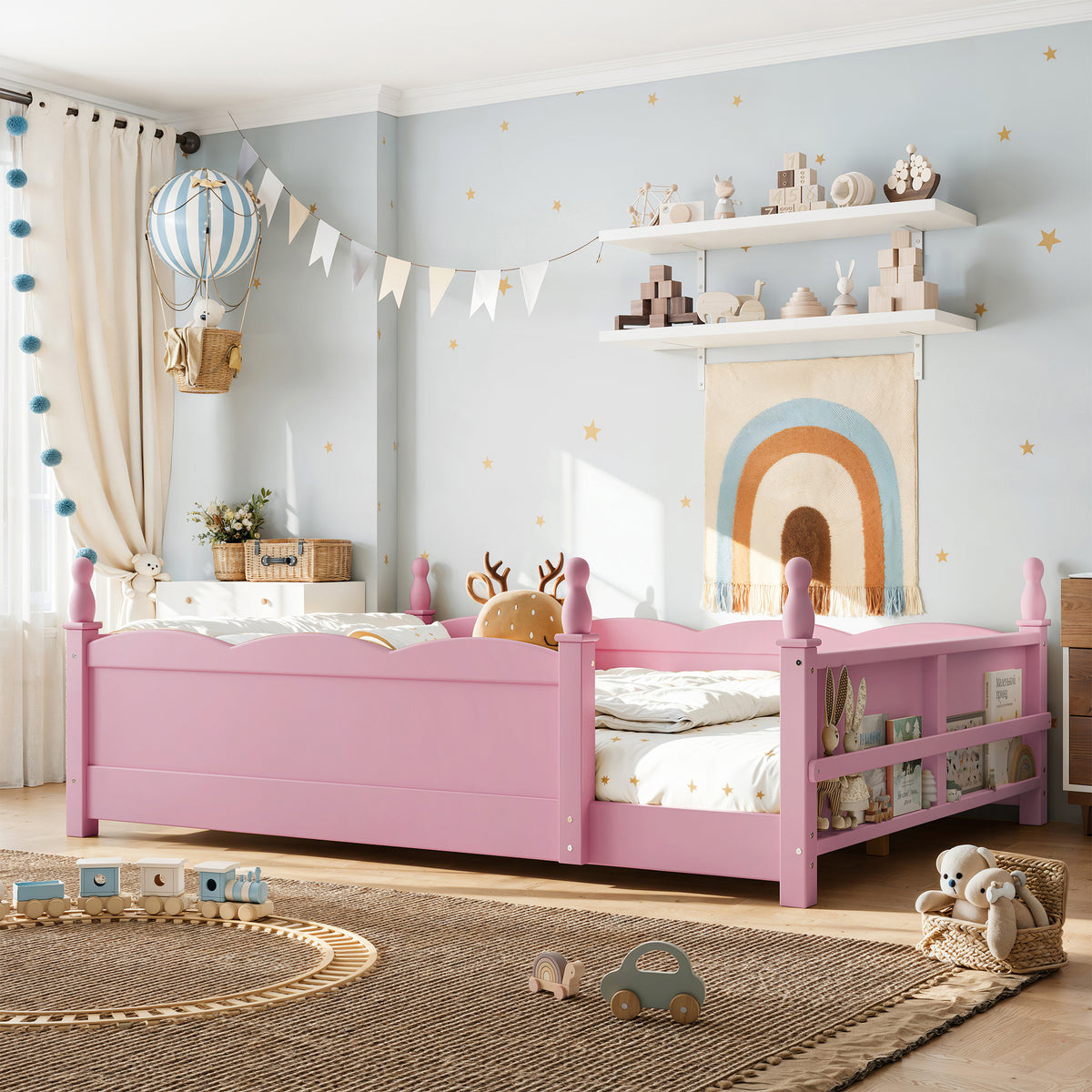 Full Floor Bed with Full-Length Guardrails. Kids Montessori Floor Bed With Beside Book Shelf,Childlike Design,Pink