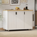 K&K 51' Fluted Kitchen Island with Drop Leaf, Farmhouse Accent Kitchen Island on Wheels with Internal Storage Rack, Rolling Kitchen Cart with Towel Rack for Kitchen, Dining Room, White Ash