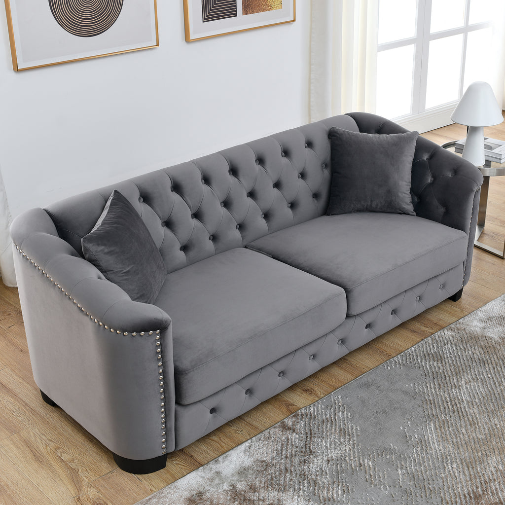 77-Inch Modern Chesterfield Velvet Sofa, 3-Seater with Tufted Backrest, Nailhead Trim Arms, Grey Velvet, Pine & Plywood Frame, 61.5in Seat Width