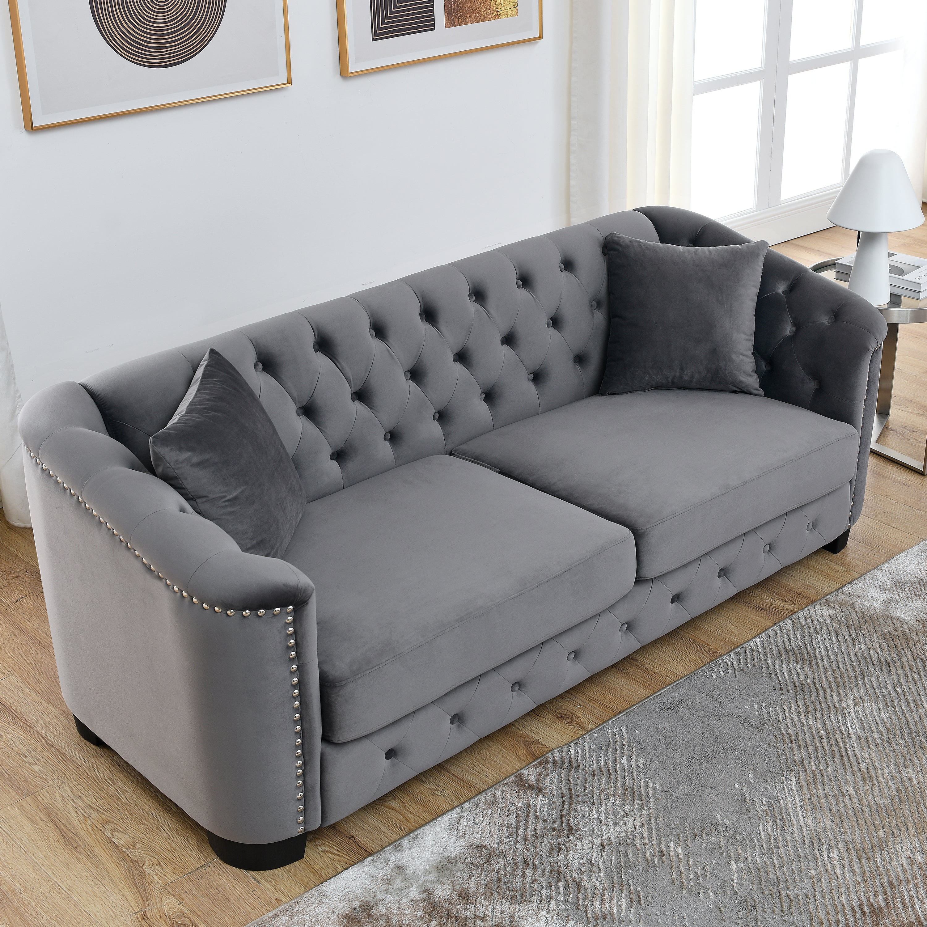 77-Inch Modern Chesterfield Velvet Sofa, 3-Seater with Tufted Backrest, Nailhead Trim Arms, Grey Velvet, Pine & Plywood Frame, 61.5in Seat Width