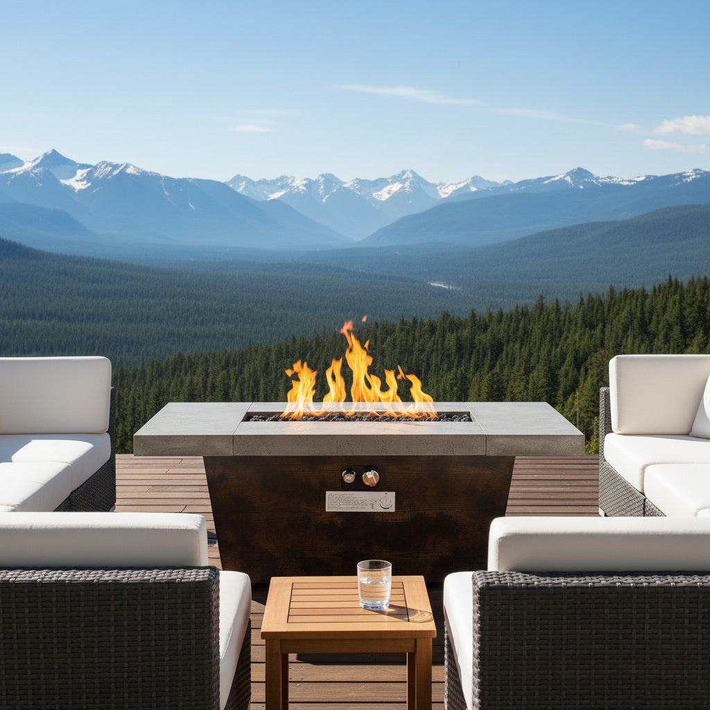 42 Inch Gas Fire Pit Table, Rectangle Fire Pit Table with Cement-Imitating Texture Effect Design, 50000BTU Outdoor Firepit Table for Patio, Backyard, Garden Heating