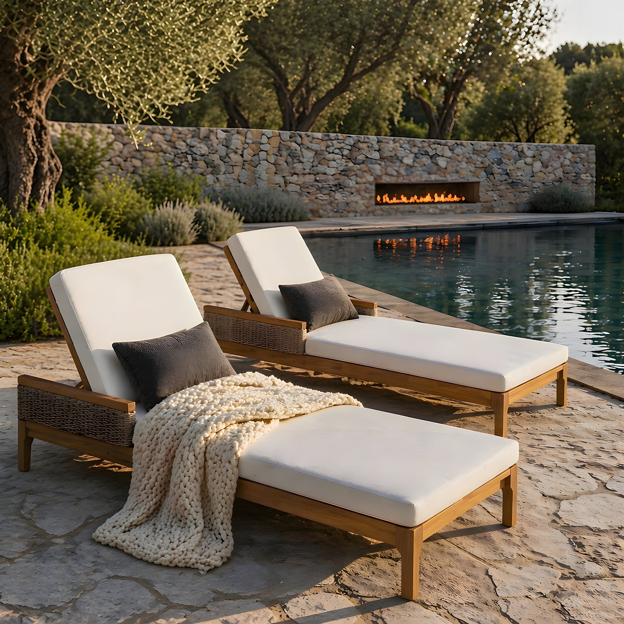76.8' Solid Acacia Wood Sun Lounger Set of 2, Outdoor Patio Furniture with Beige Cushions and Light Grey Wicker for Garden, Deck, Poolside Relaxation,Natural +Beige Cushion