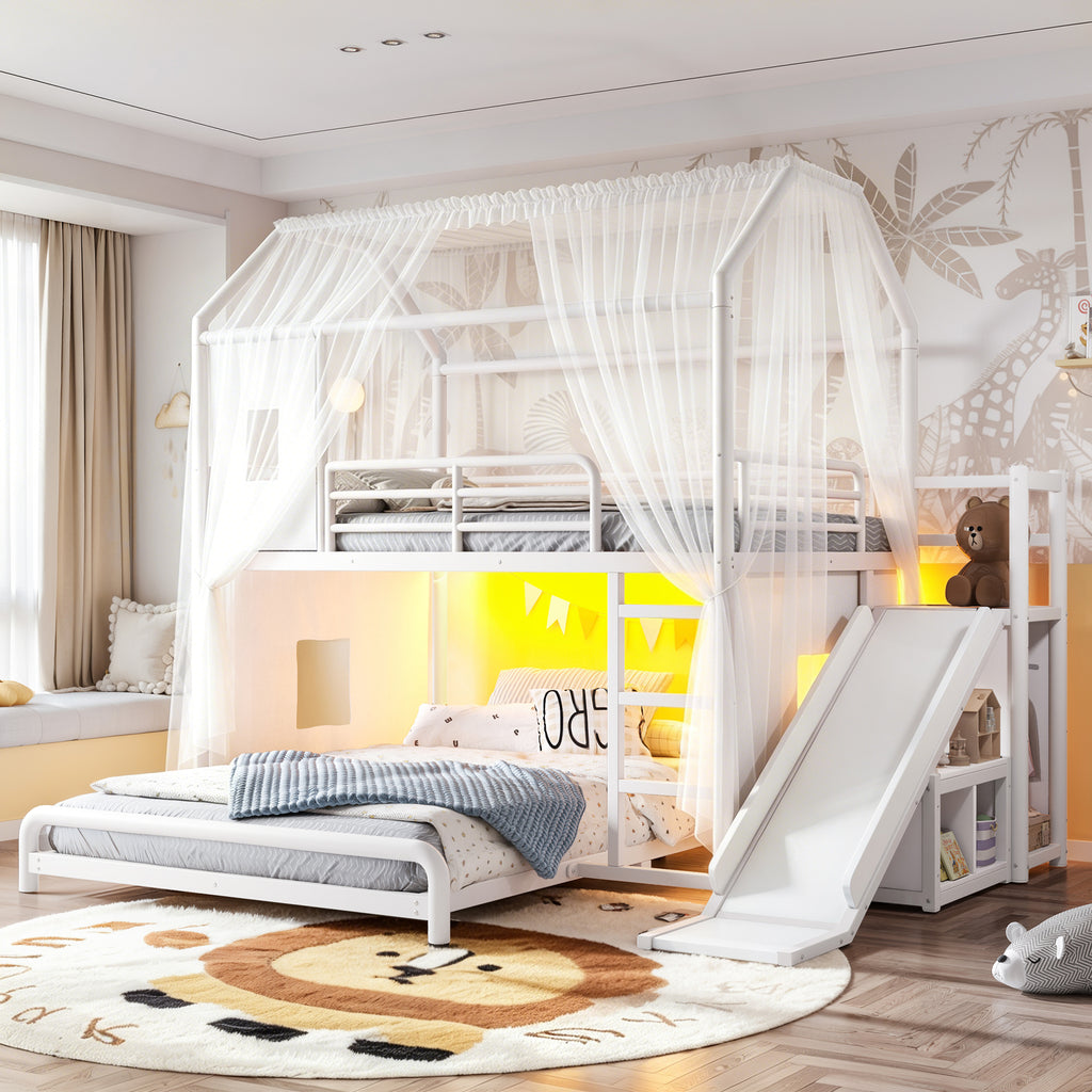 Full over Full Playhouse Metal Bunk Bed with Slide & Ladder, House Shaped Bunk Bed with LED Light Strip, Privacy Curtain, Movable Storage Cabinet and Hanging Rod, Full over Full Kids Bunk Bed ,White